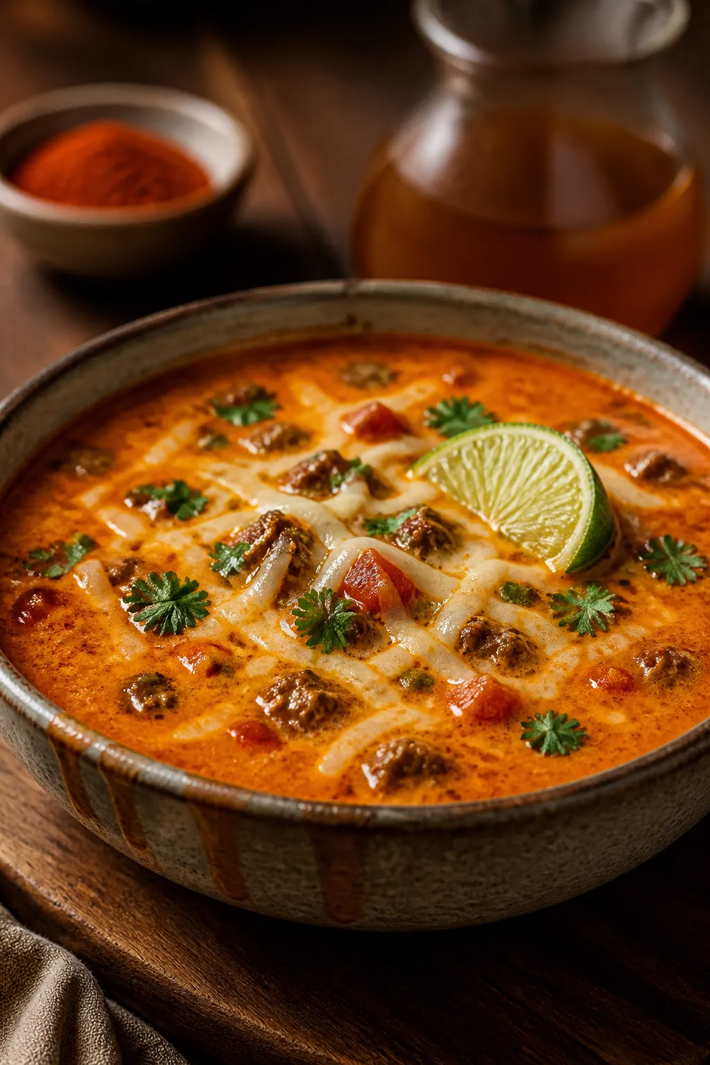Final dish presentation: Restaurant-quality hero shot at a 45-degree angle of the finished soup in a