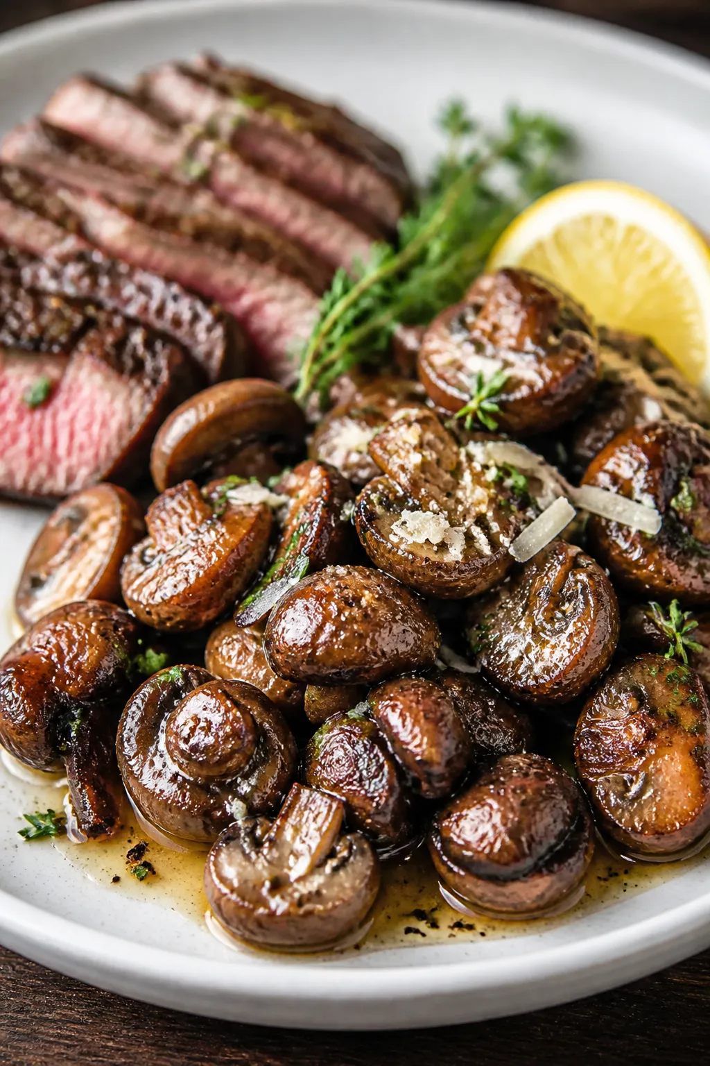 Final dish presentation: Restaurant-quality plate of Keto Garlic Butter Mushrooms piled high on a wa