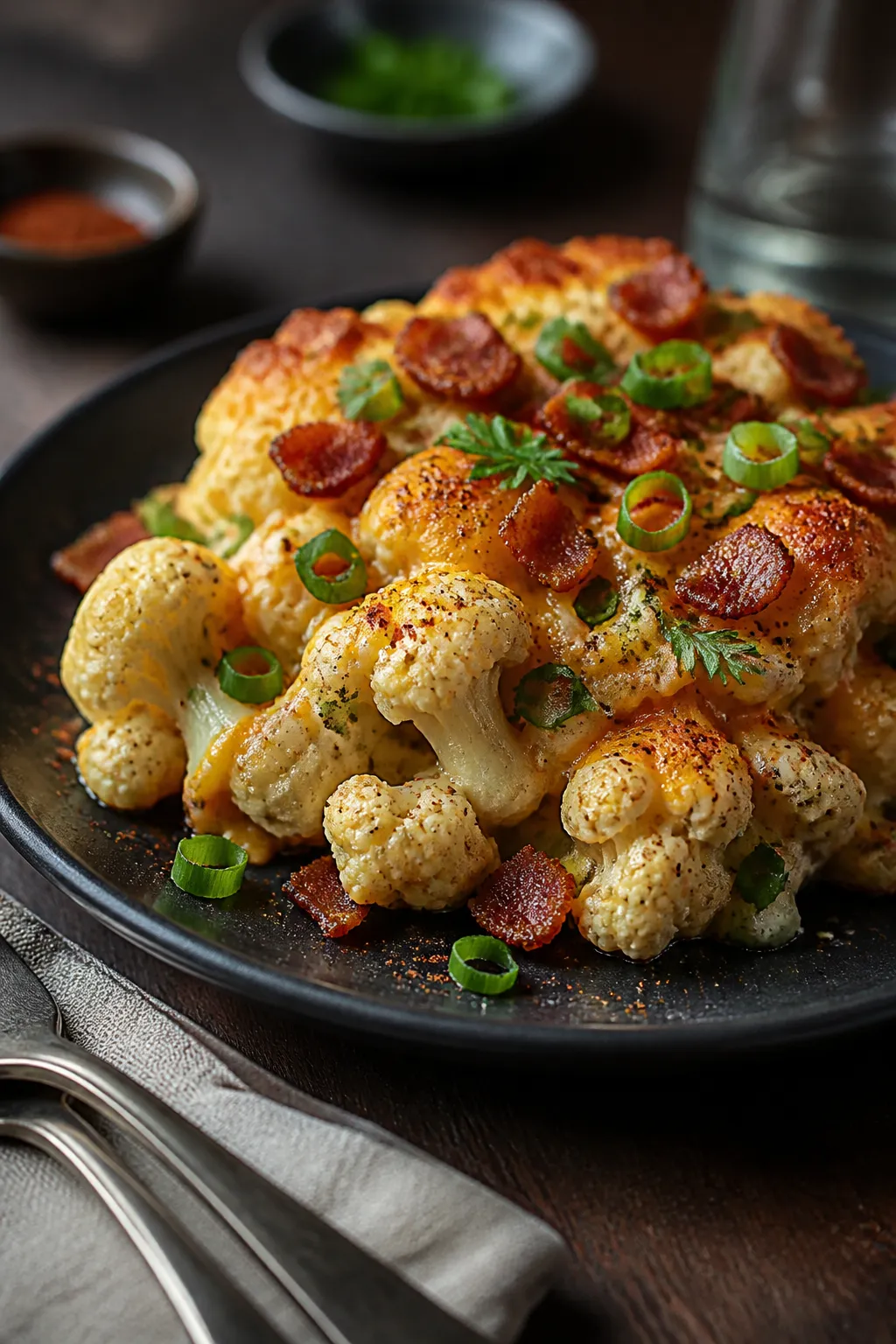 Final dish presentation: Restaurant-quality plated serving of Keto Loaded Cauliflower Casserole on a