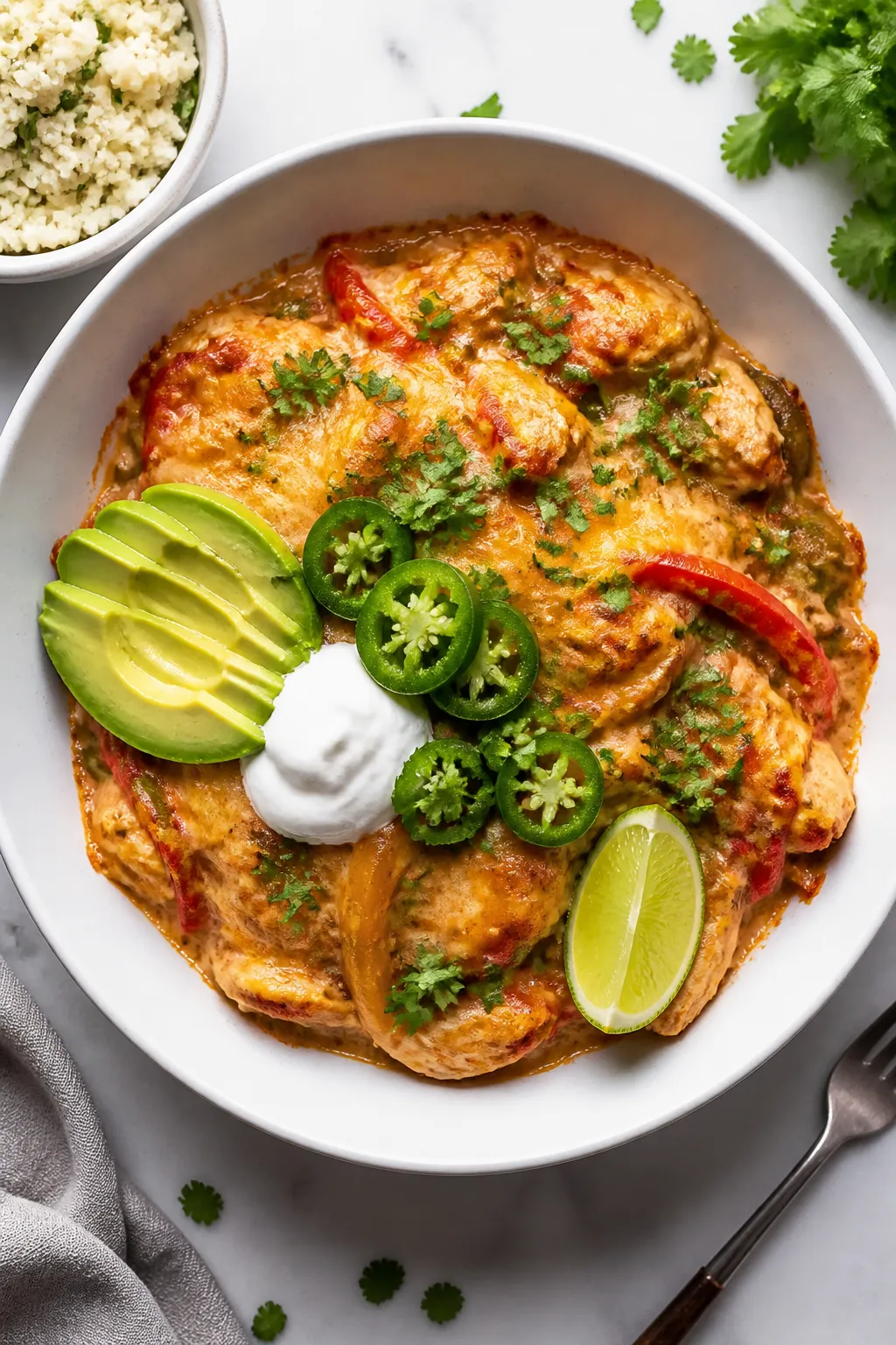 Final dish presentation: Restaurant-quality plated serving of keto chicken fajita casserole in a wid
