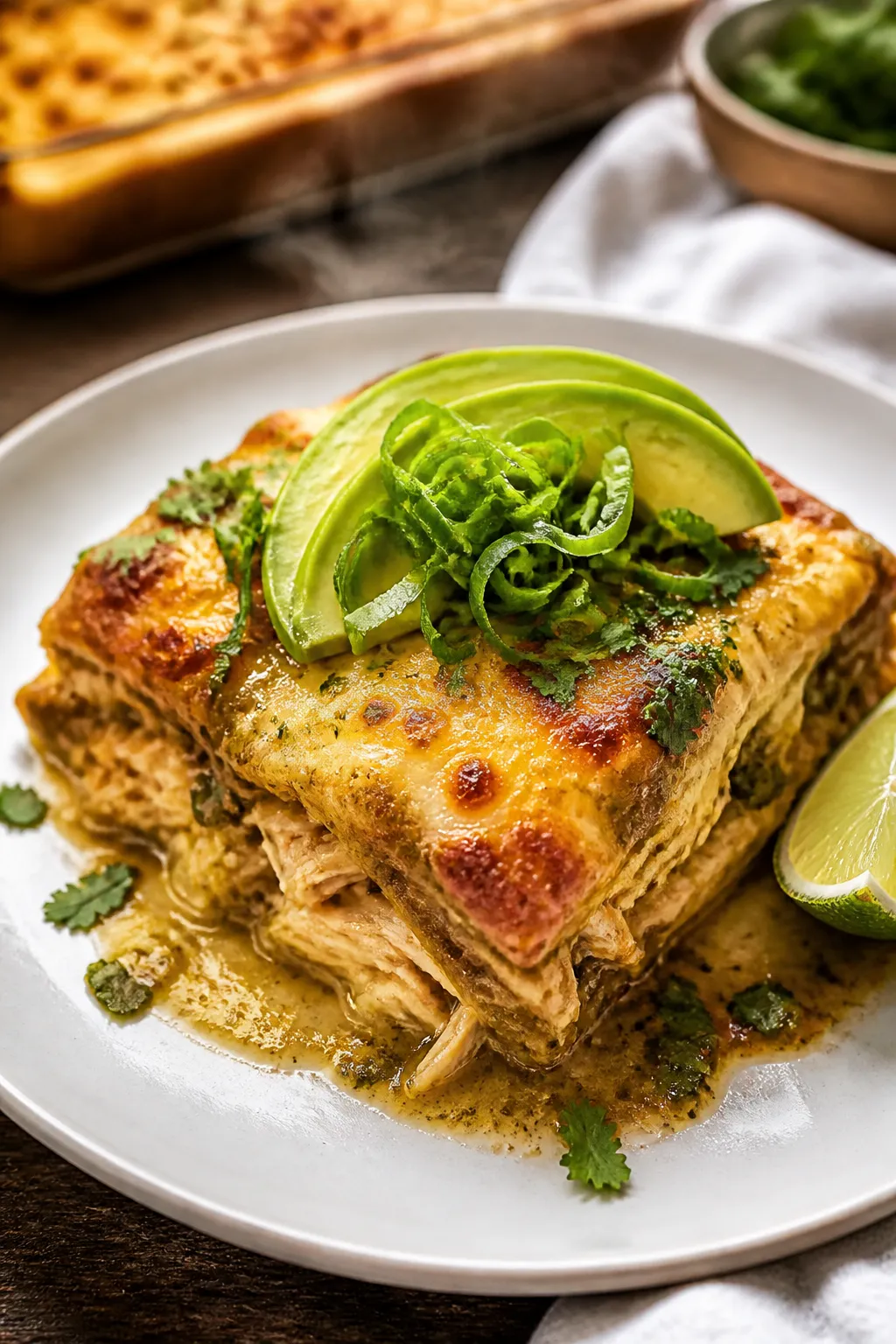 Final dish presentation: Restaurant-quality plated slice of keto chicken enchilada casserole on a ma