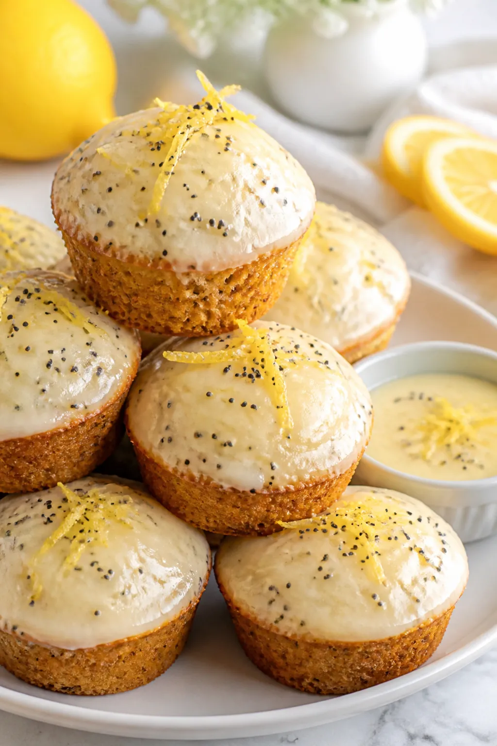 Final dish presentation: Restaurant-quality plated keto lemon poppy seed muffins with a glossy, thic