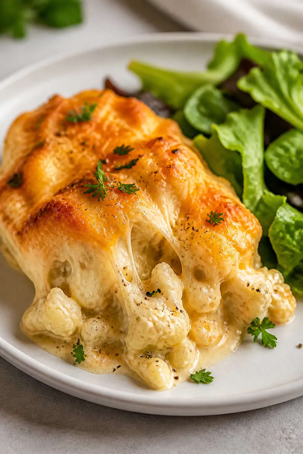 Final dish presentation: Restaurant-quality plated serving of Keto Cheesy Cauliflower Bakeβscooped