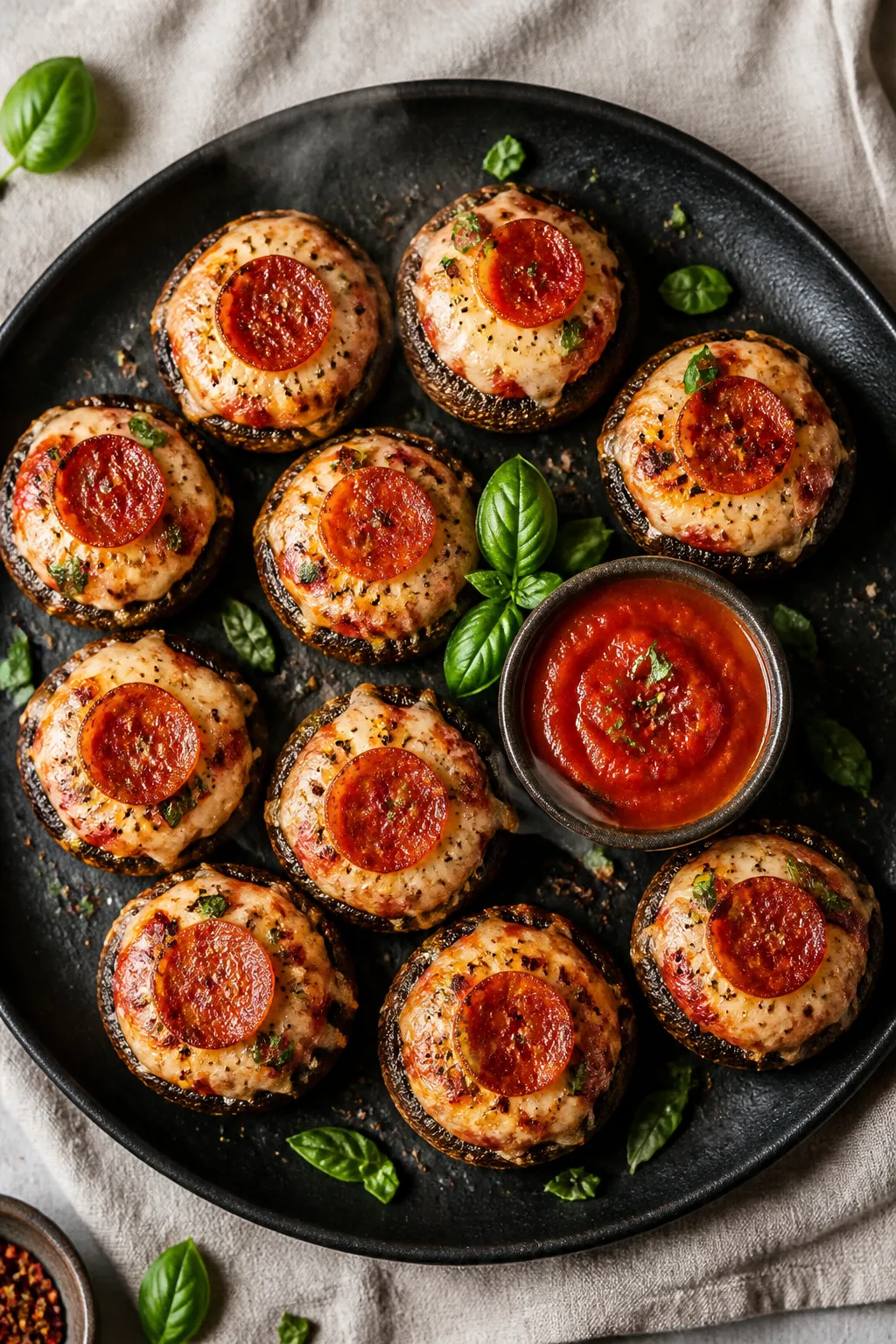 Final dish presentation: Restaurant-quality plated Keto Pizza Stuffed Mushrooms on a matte black pla