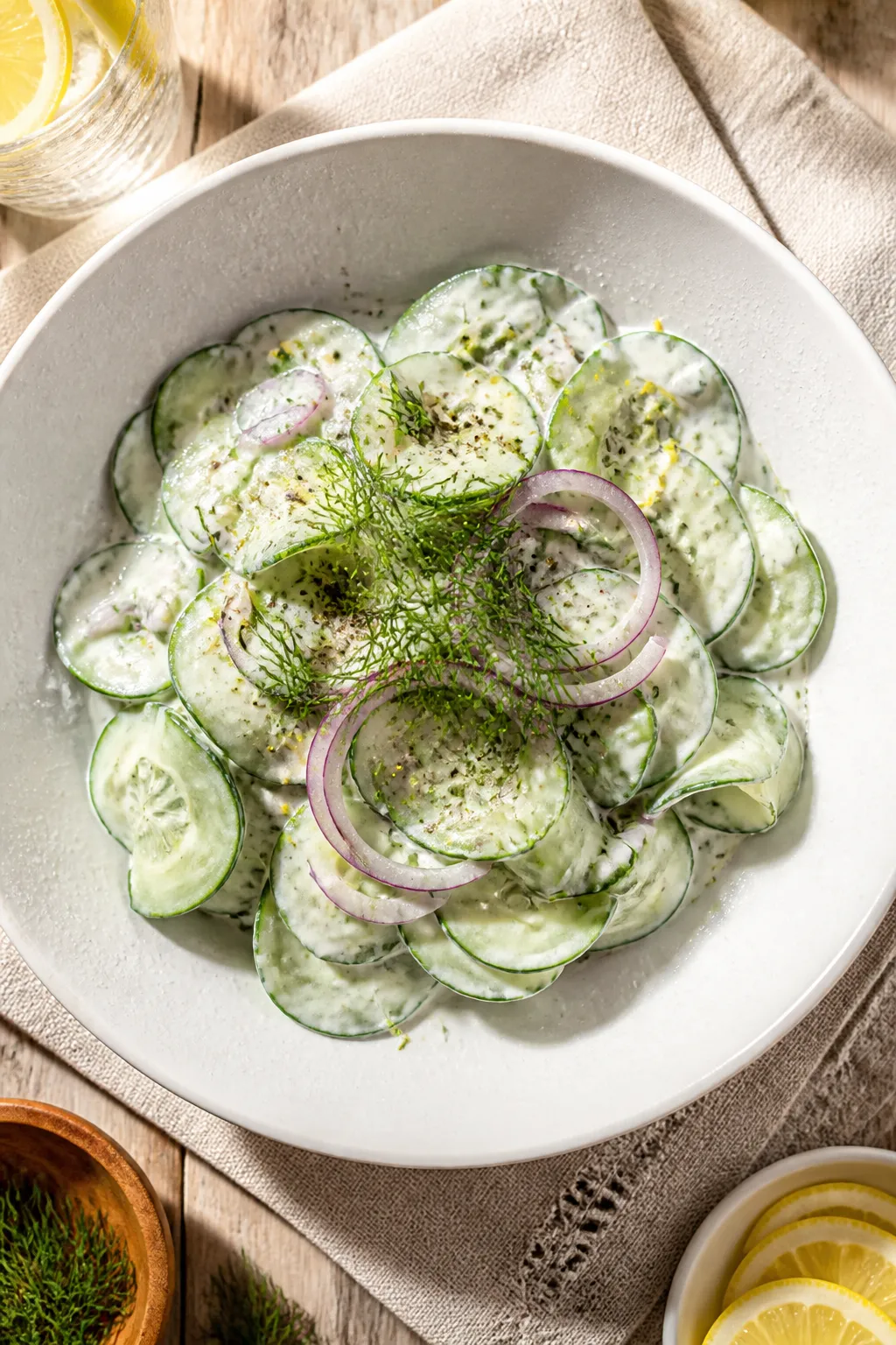 Final dish presentation: Restaurant-quality plating of Keto Creamy Cucumber Salad in a wide, shallow