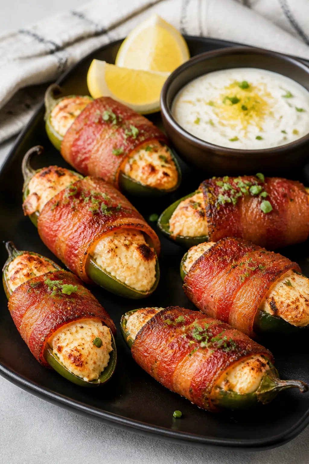 Final dish presentation: Restaurant-quality plating of 5–6 keto bacon-wrapped jalapeño poppers on