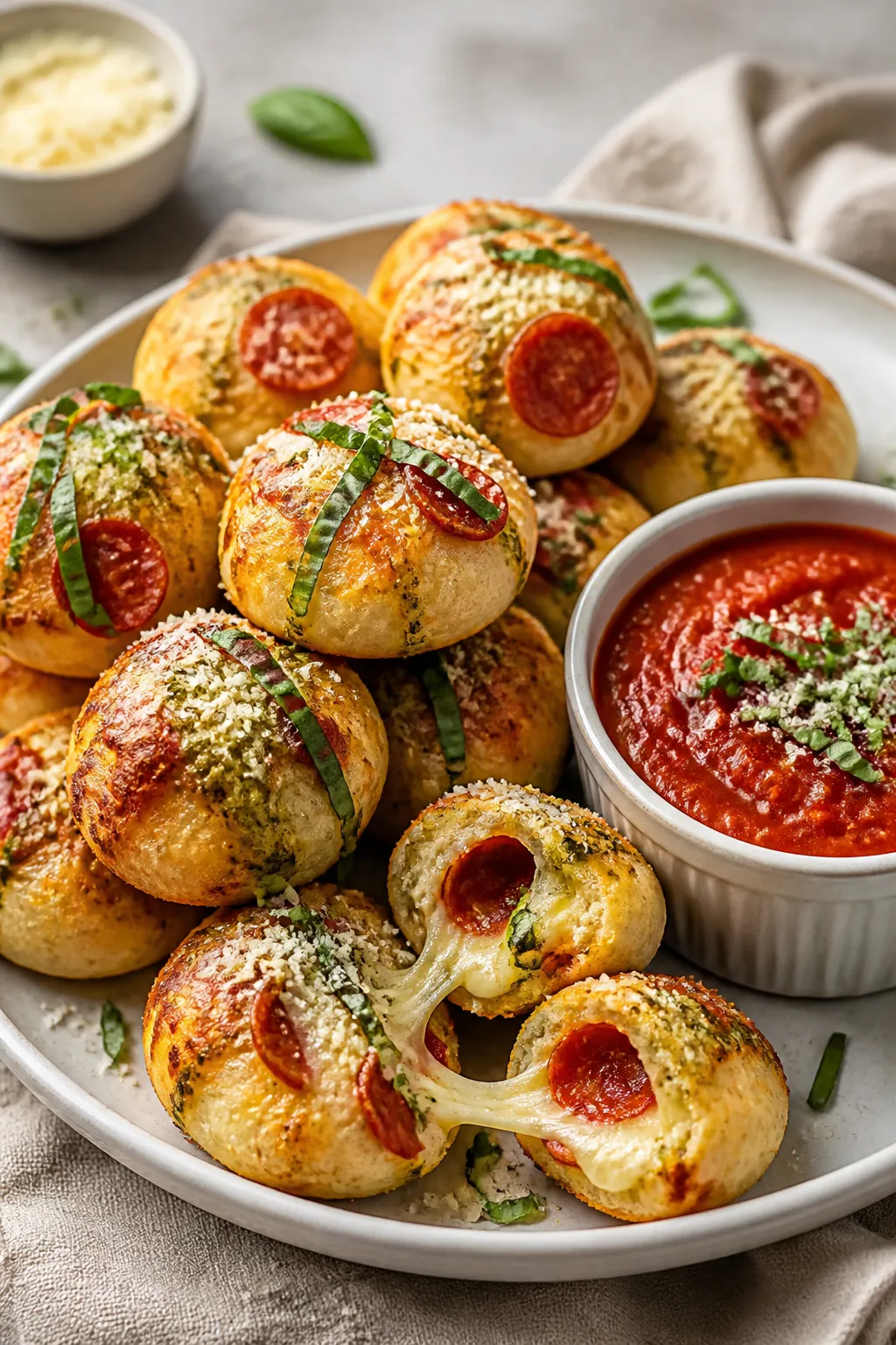 Final dish presentation: Restaurant-quality plating of keto pepperoni pizza bites stacked on a matte
