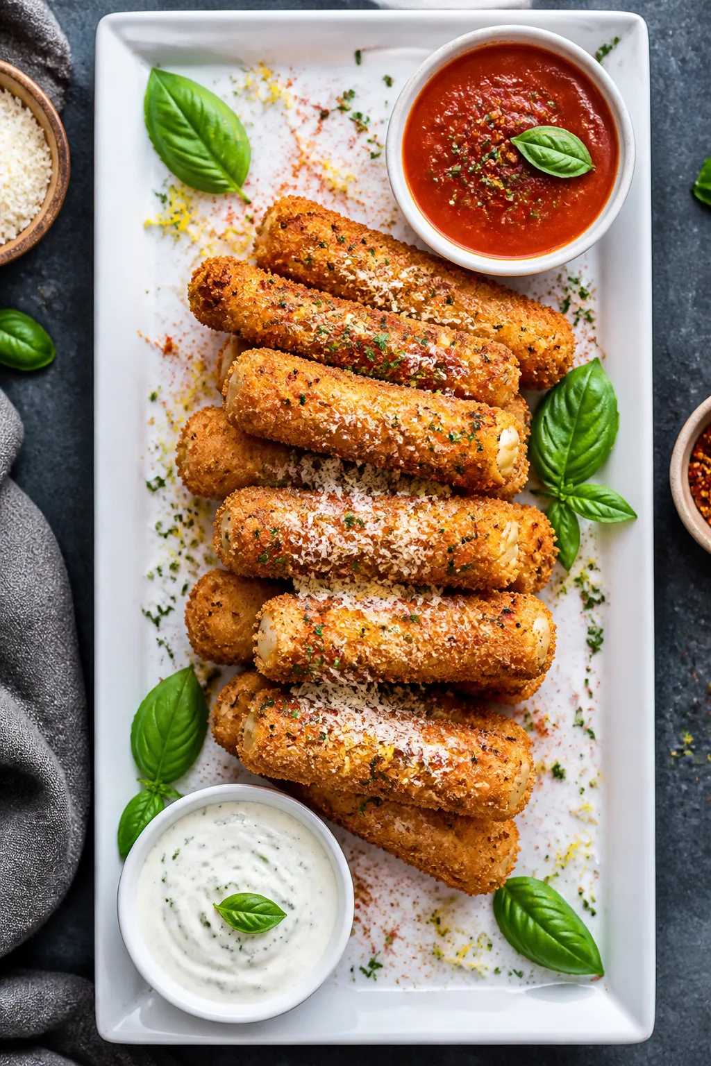 Final dish presentation: Restaurant-quality plating of keto mozzarella sticks on a white rectangular