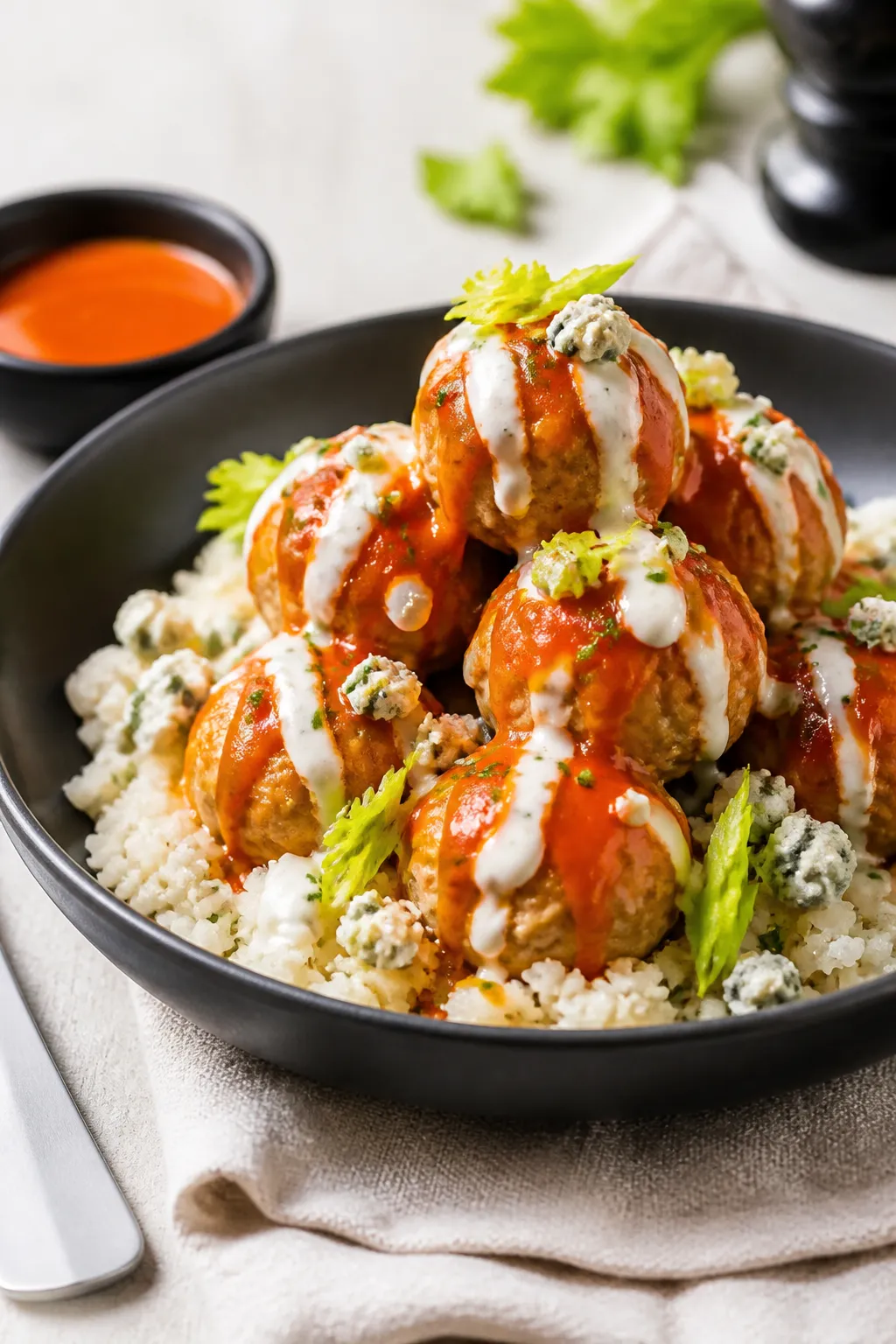 Final dish presentation: Restaurant-quality plating of Keto Buffalo Chicken Meatballs stacked in a s