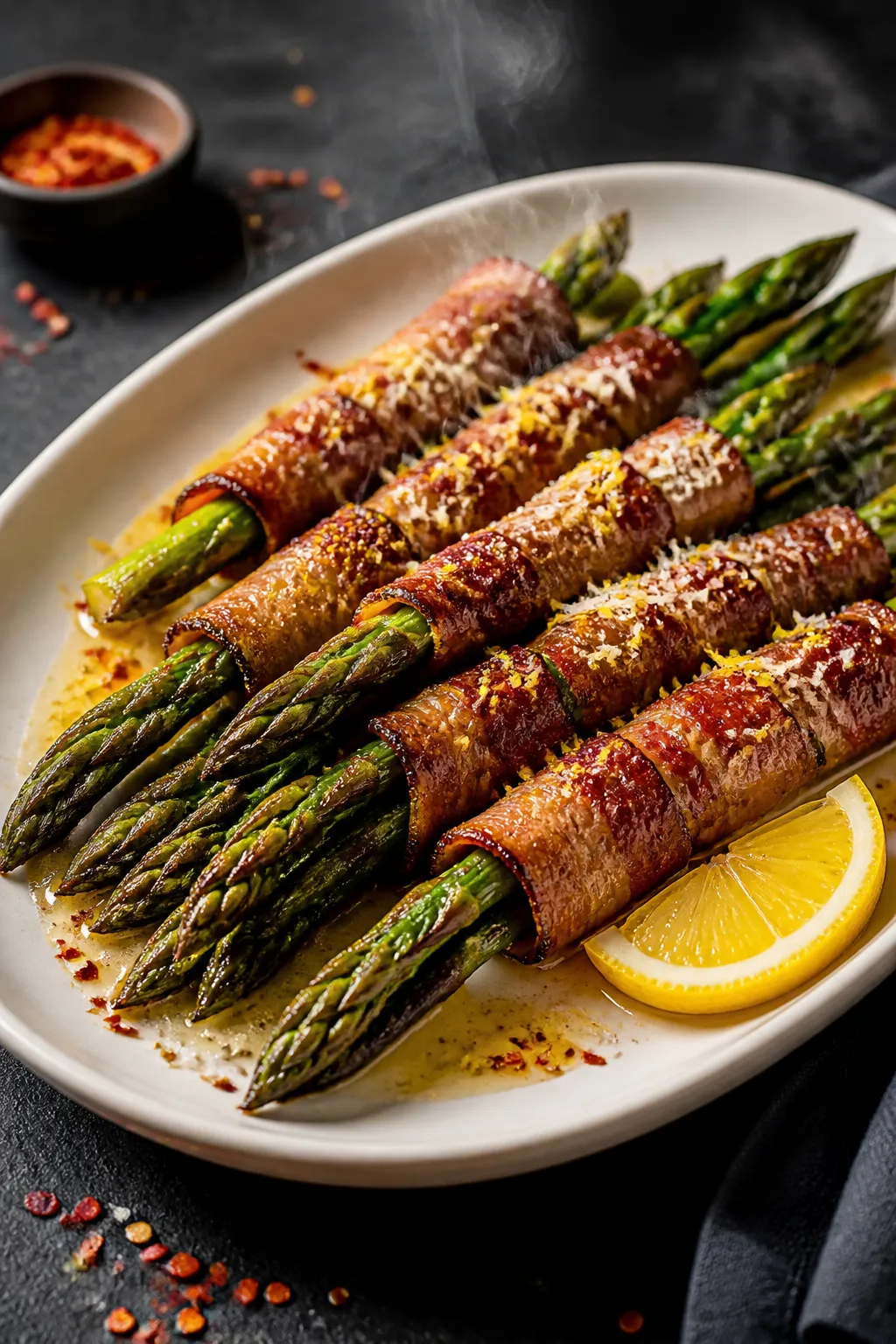 Final dish presentation: Restaurant-quality plating of bacon-wrapped asparagus bundles on a matte wh