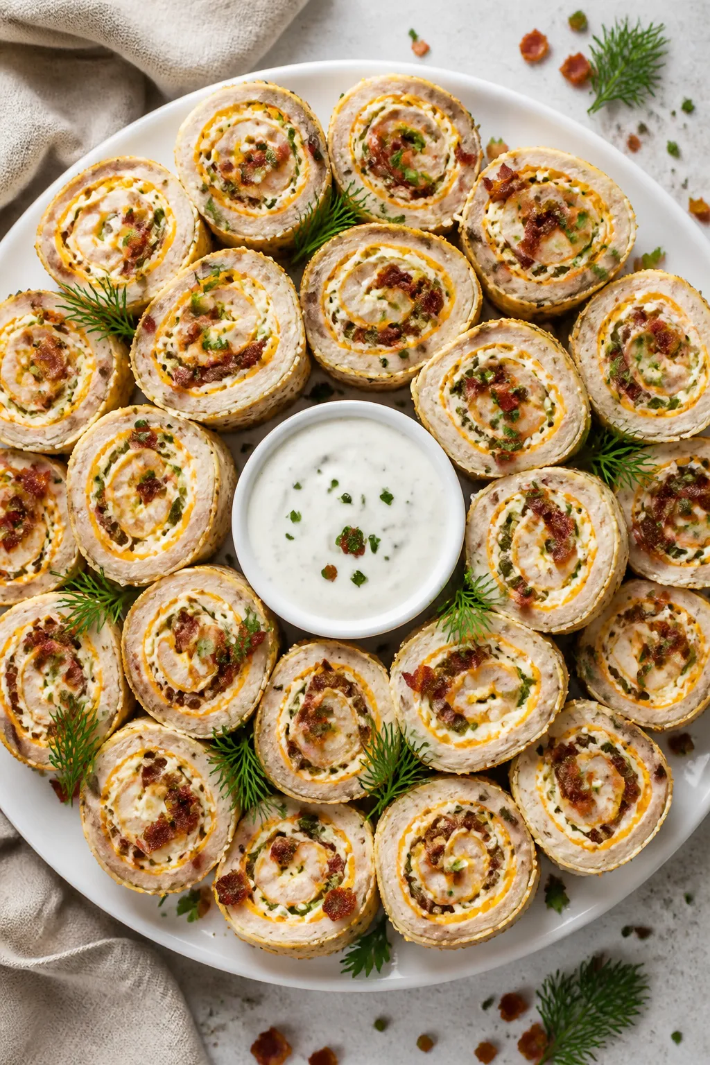 Final dish presentation: Restaurant-quality platter of Keto Chicken Bacon Ranch Pinwheels arranged i