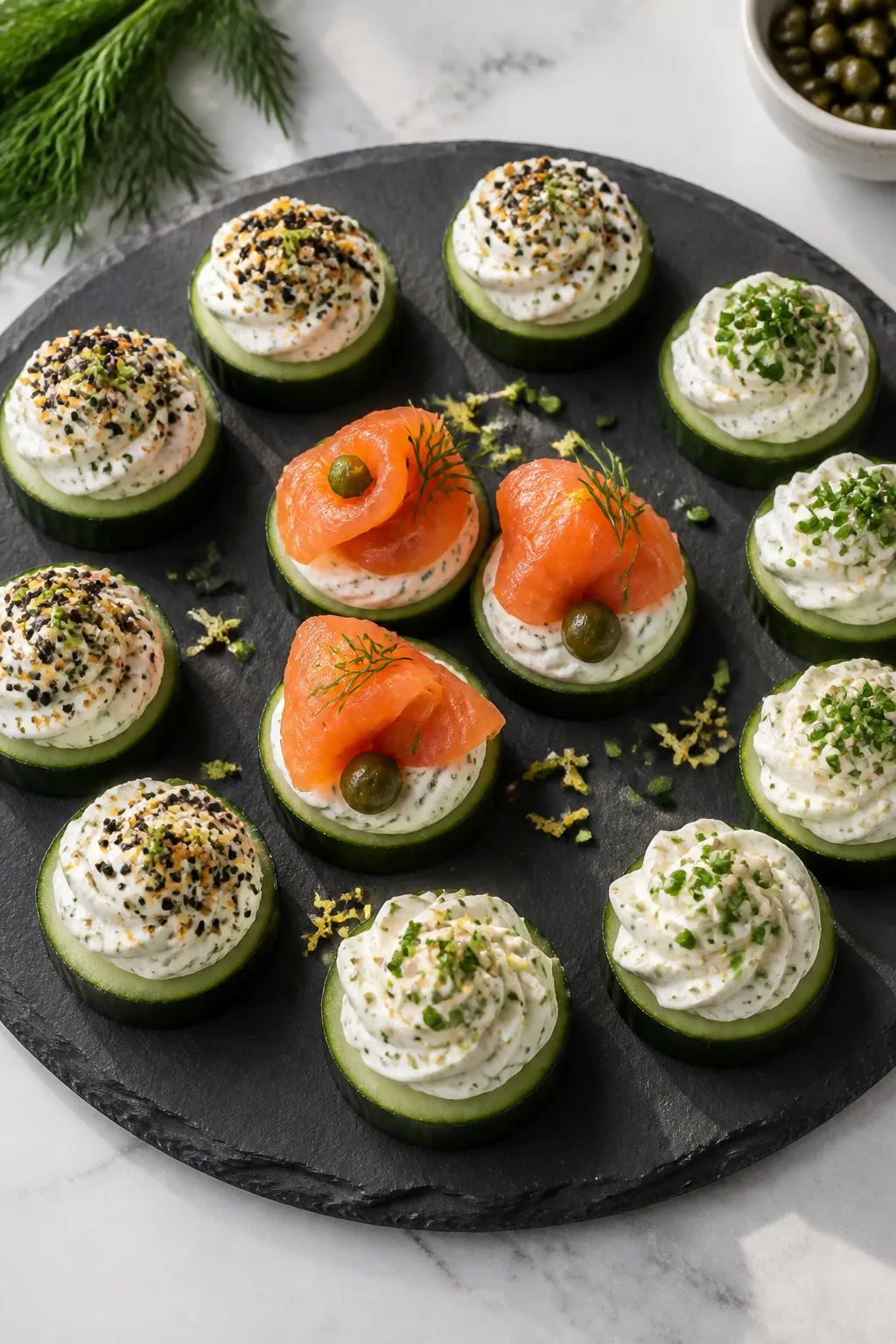 Final dish presentation: Restaurant-quality platter of assorted Keto Cucumber Cream Cheese Bites arr