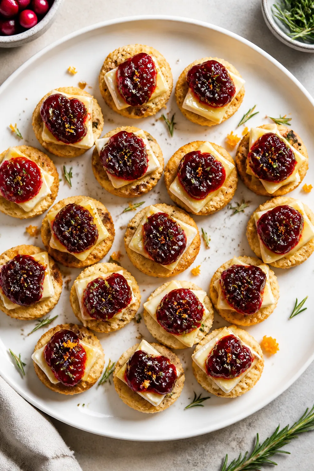 Final dish presentation: Restaurant-quality platter of keto cranberry brie bites arranged in a loose