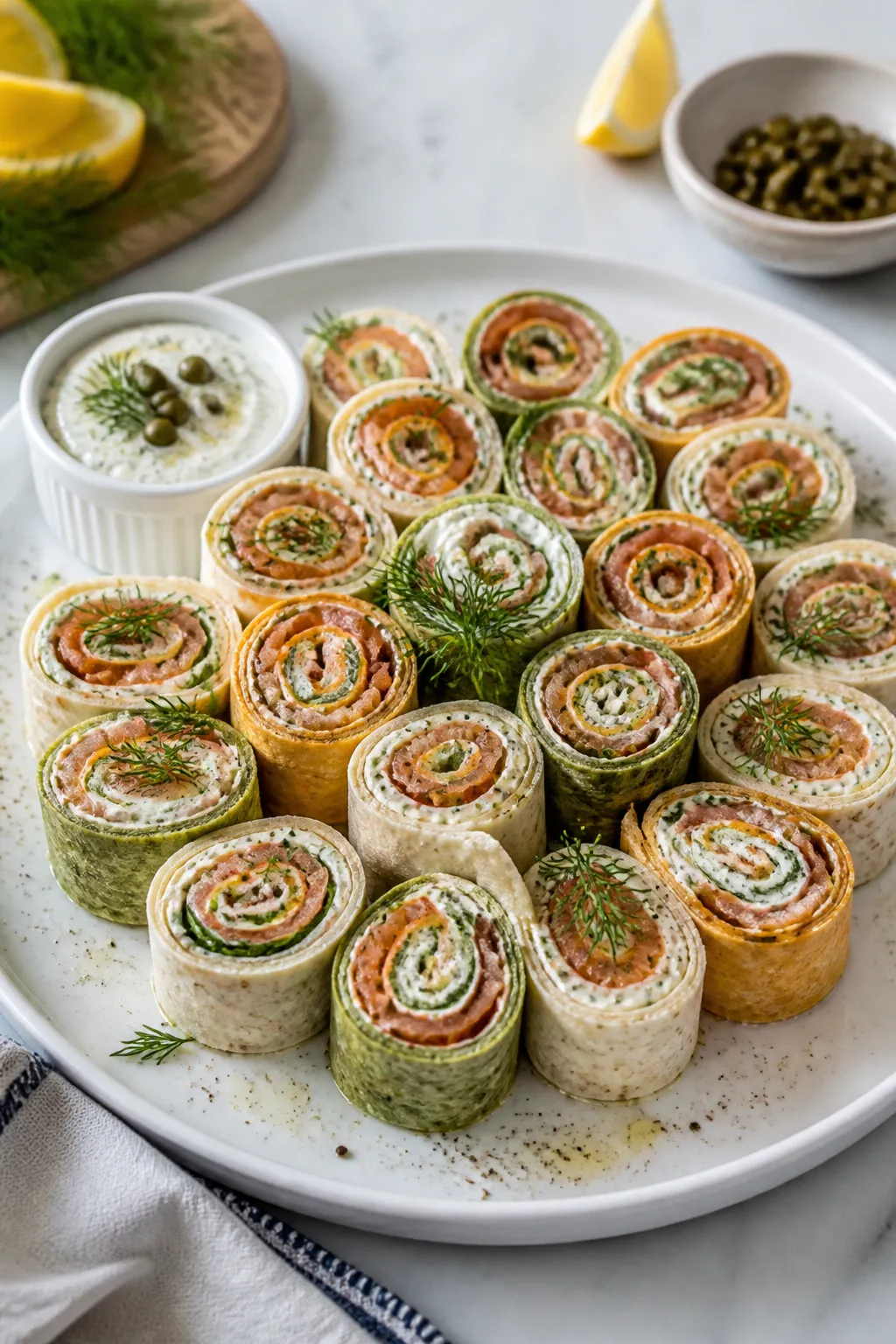 Final dish presentation: Restaurant-quality platter of assorted roll-ups arranged in a concentric pa
