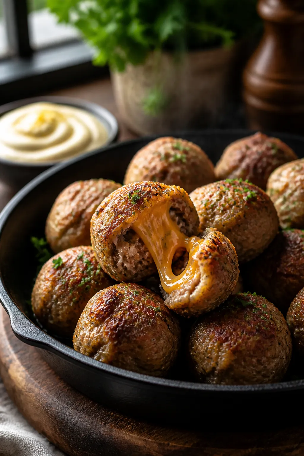 Final dish presentation: Restaurant-quality serving of keto sausage balls in a shallow black cast-ir