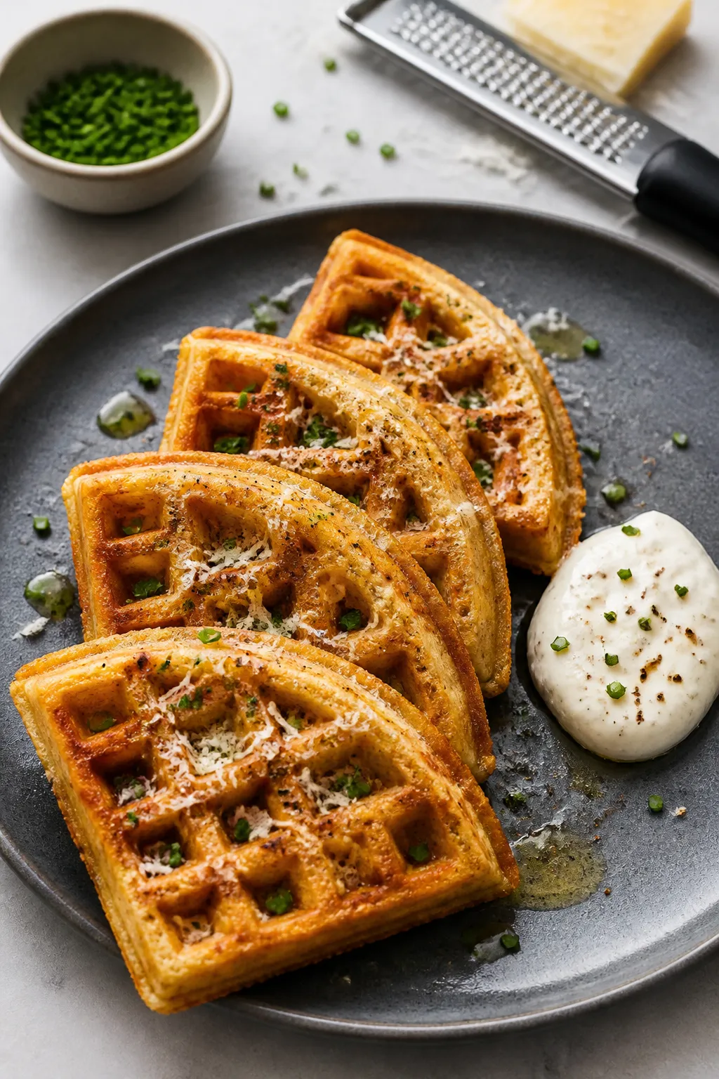 Final dish presentation: Savory twist plated waffle quartered and fanned on a slate-gray ceramic pla