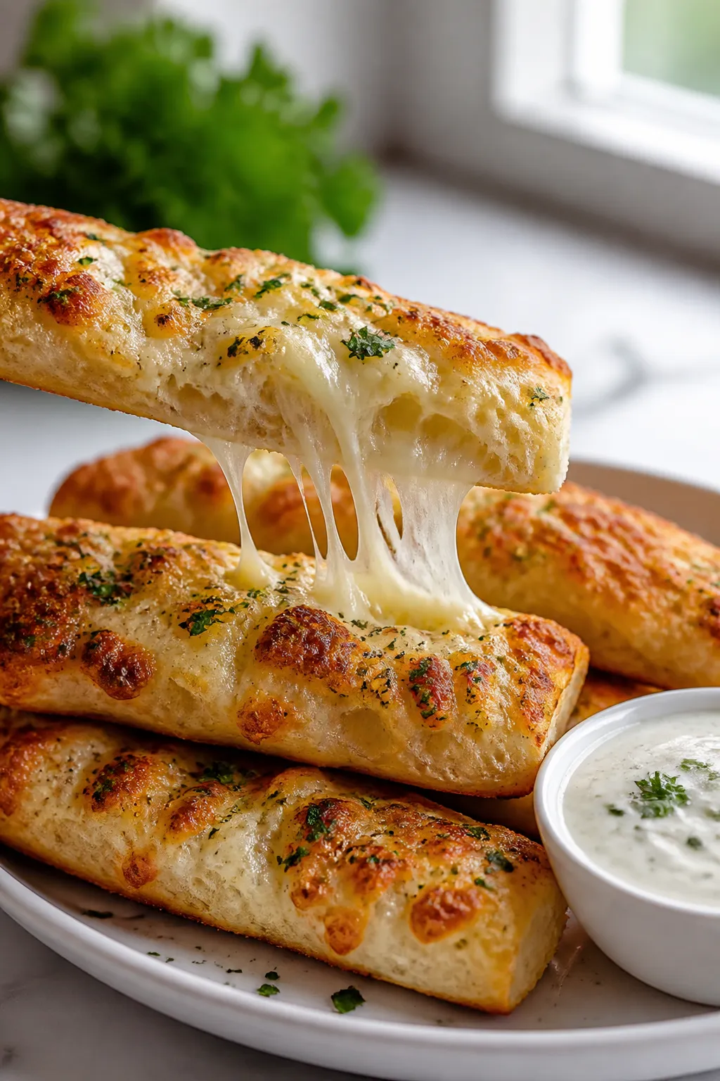 Final dish presentation: Stretchy cheese pull moment—two stacked breadsticks being separated to re
