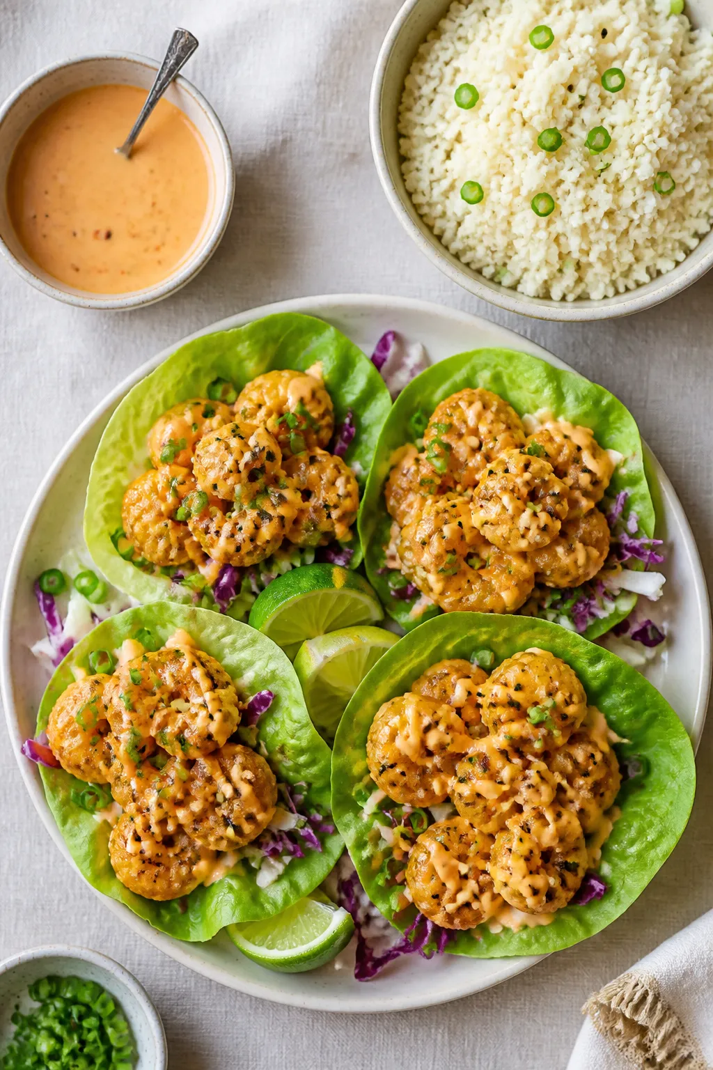 Final dish presentation: Tasty top view of Keto Bang Bang Shrimp served in butter lettuce cups over 