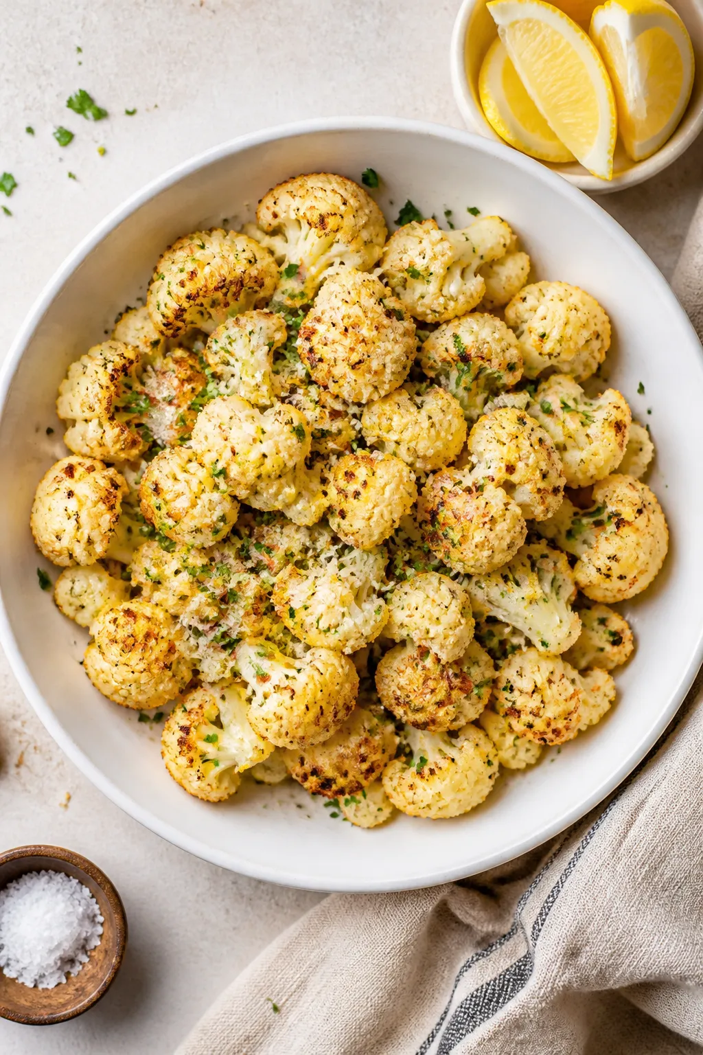 Final dish presentation, top-down: Overhead shot of Keto Garlic Parmesan Roasted Cauliflower arrange