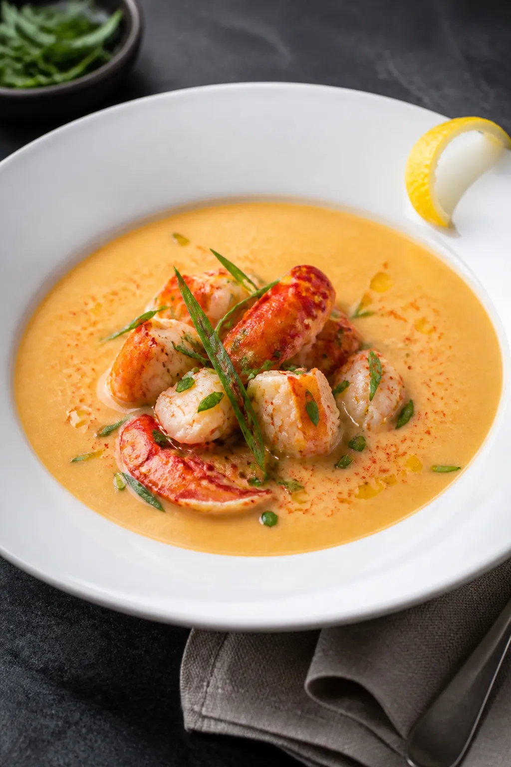Final dish, restaurant plating: Keto Creamy Lobster Bisque elegantly plated in a wide white bowl, ga