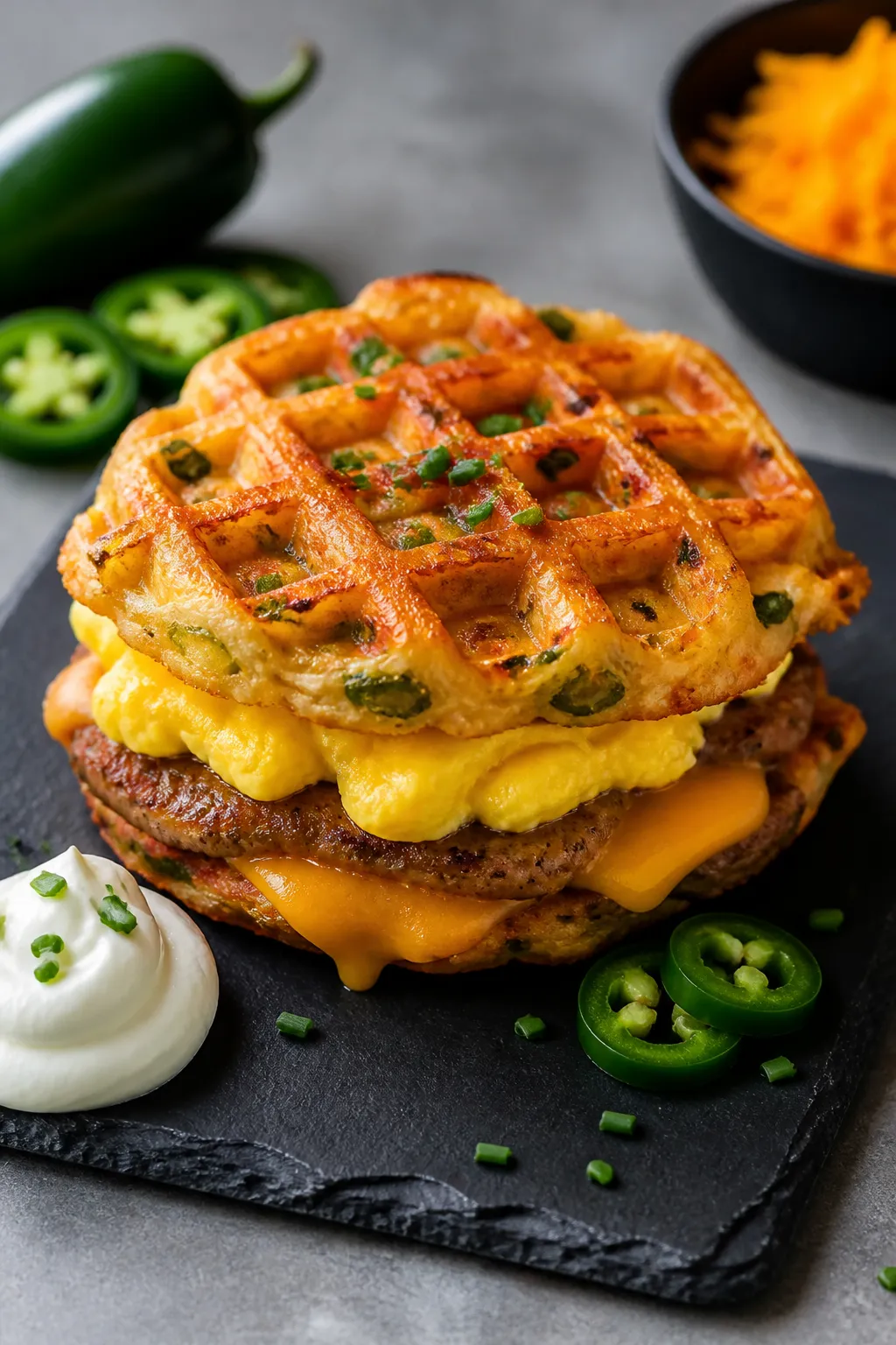Final dish, savory presentation: Beautifully plated Jalapeño Cheddar chaffles used as a sandwich—