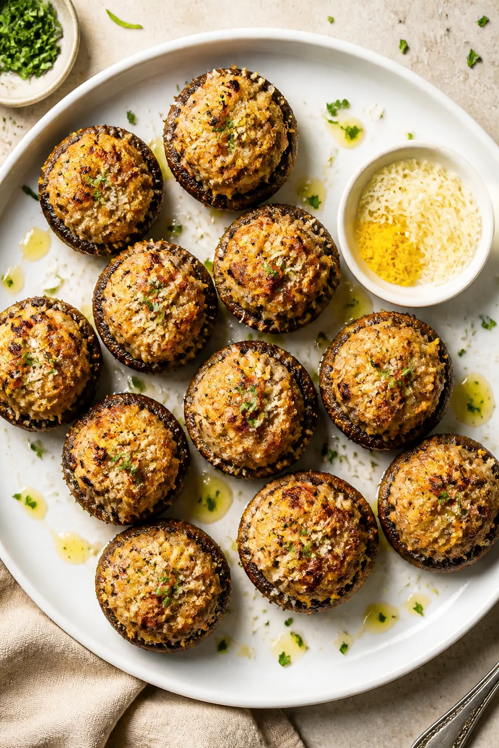 Final dish top-down: Overhead shot of beautifully plated Keto Sausage Stuffed Mushrooms arranged in