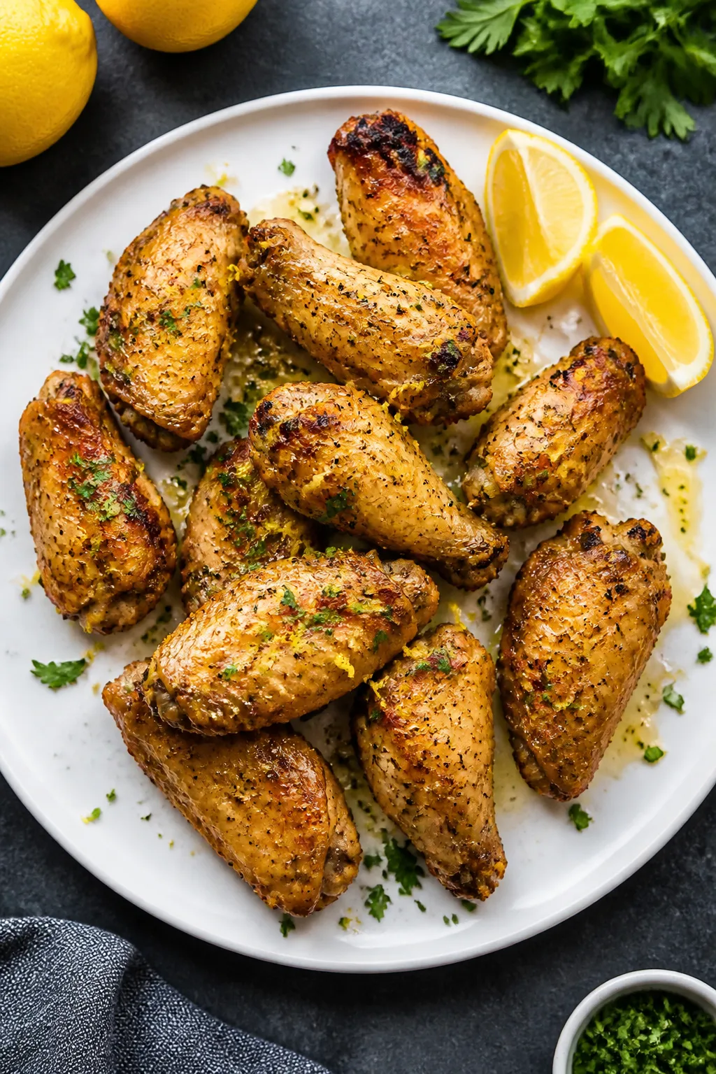 Final dish top view: Overhead shot of plated keto lemon pepper chicken wings arranged in a loose fan