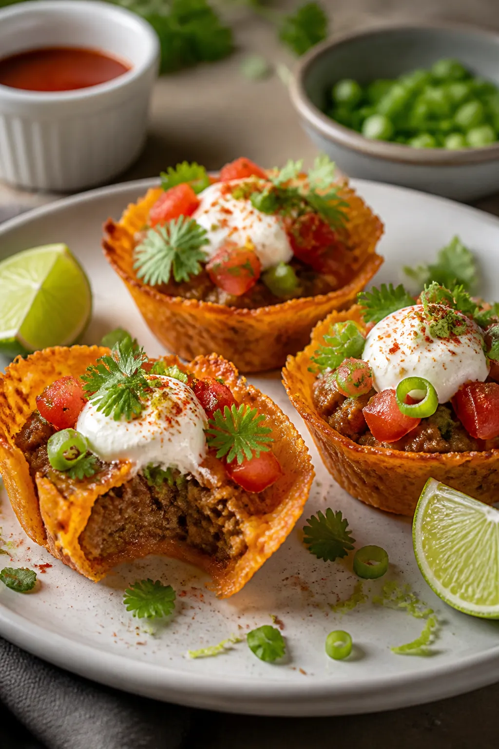 Final plated beauty: Restaurant-quality close-up of a trio of Keto Mini Taco Cups on a white ceramic