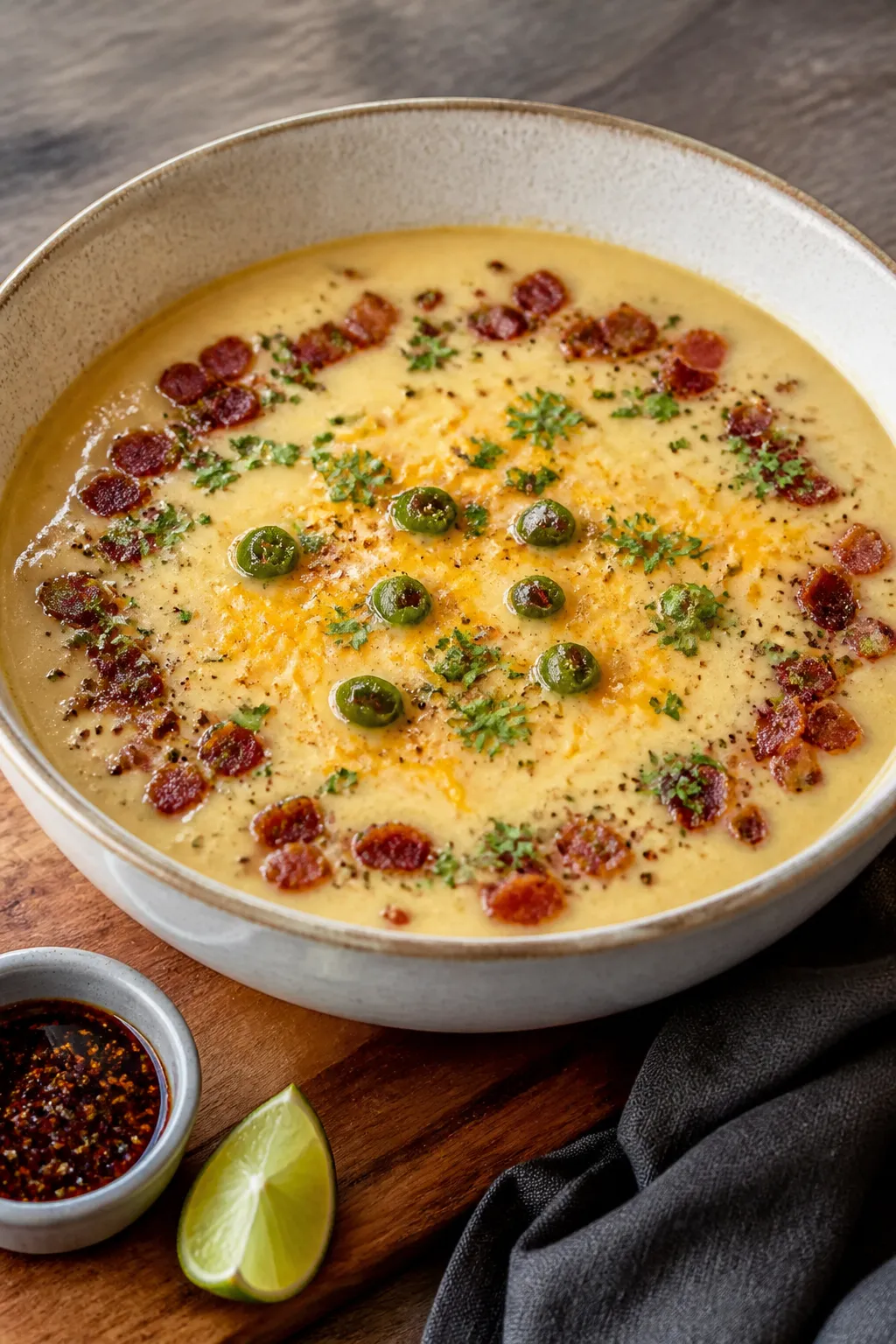 Final plated beauty: Restaurant-quality presentation of keto jalapeño popper soup in a shallow ston