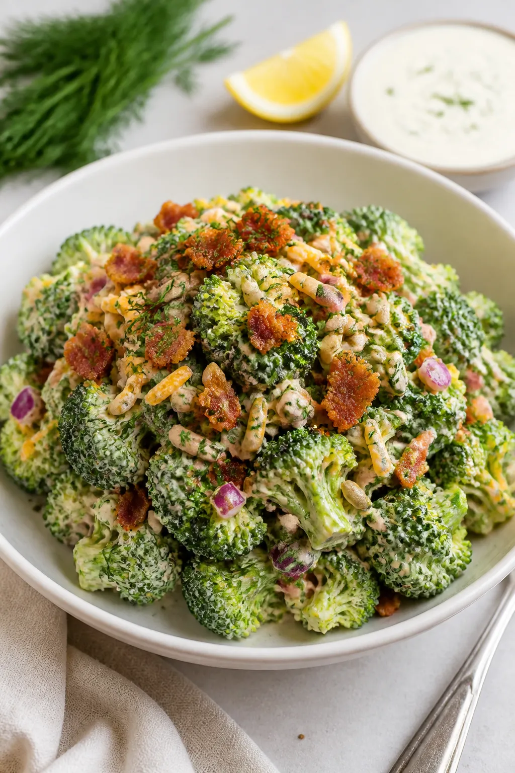Final plated beauty shot: Keto Bacon Ranch Broccoli Salad mounded in a wide, low white bowl, garnish