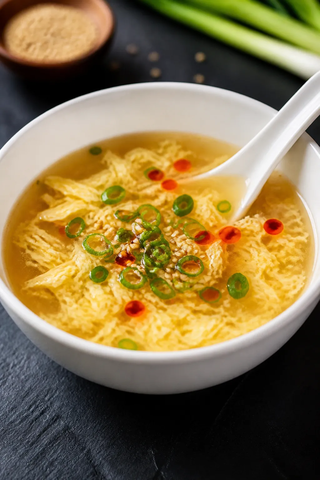 Final plated bowl: Keto Egg Drop Soup served in a matte white porcelain bowl on a dark slate surface