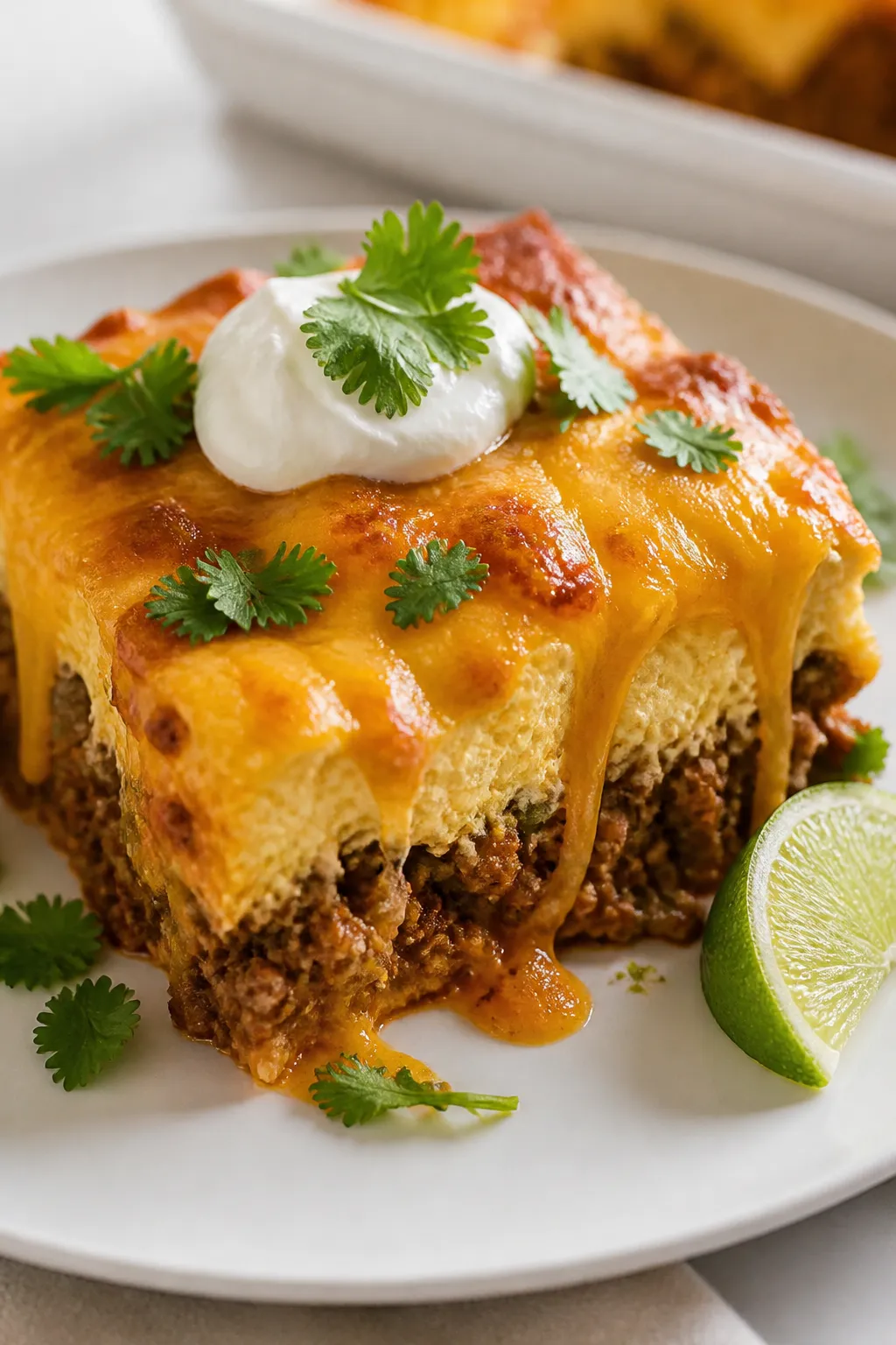 Final plated, close-up detail: A generous square of Keto Taco Casserole plated on a matte white dinn