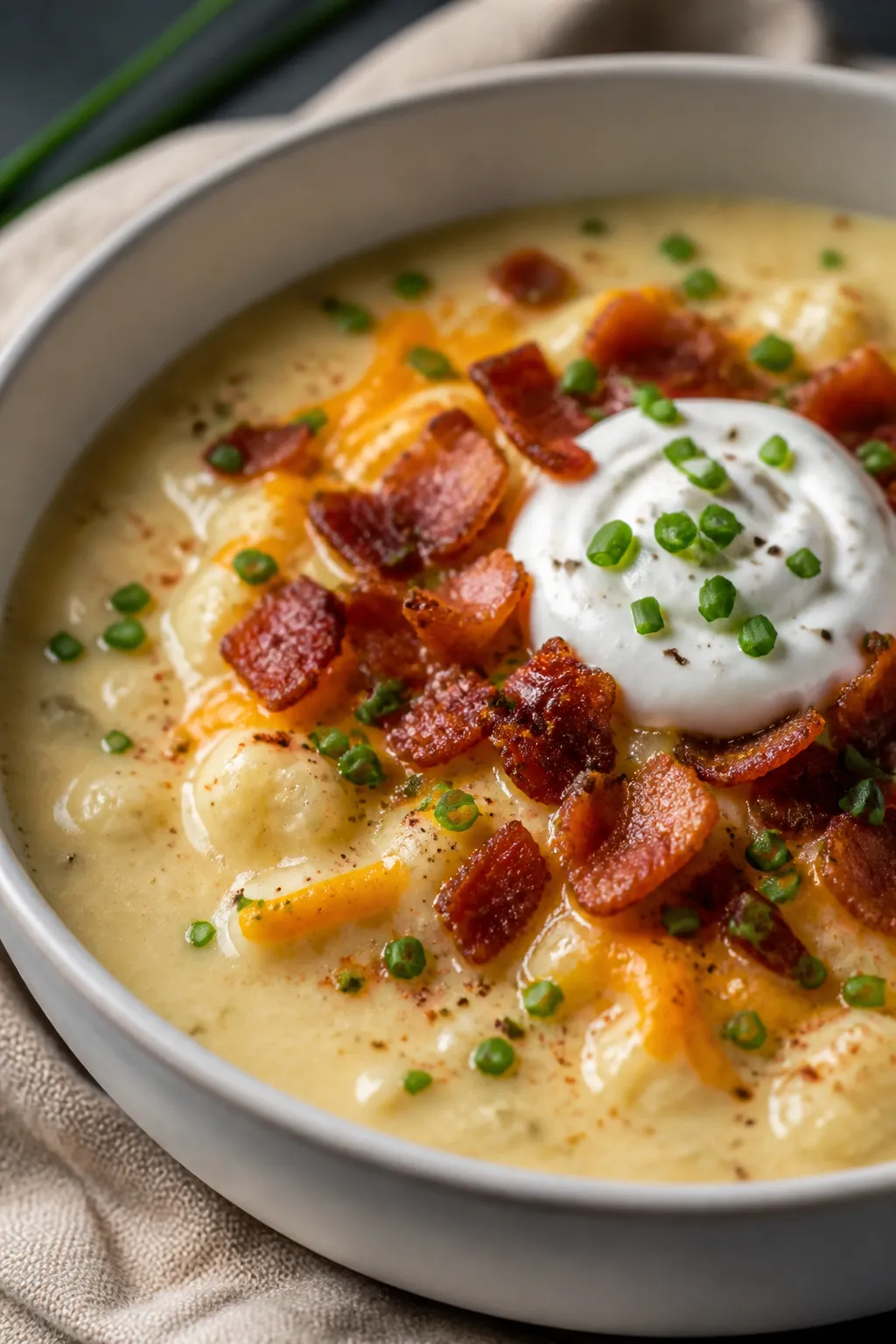 Final plated, close-up detail: Ultra-creamy Keto Loaded Cauliflower Soup in a matte white bowl, tigh