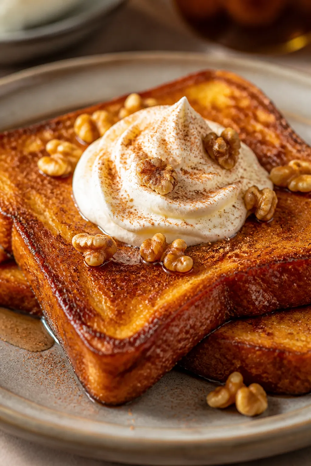 Final plated detail: Close-up of keto French toast with a dollop of softly whipped cream (lightly sw