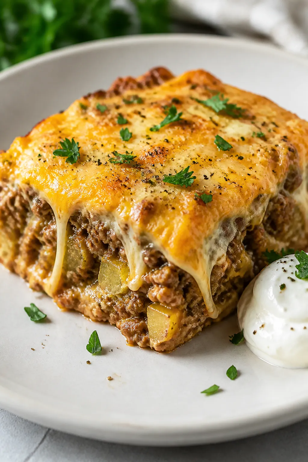 Final plated dish: A generous square of keto ground beef casserole plated on a matte white dinner pl