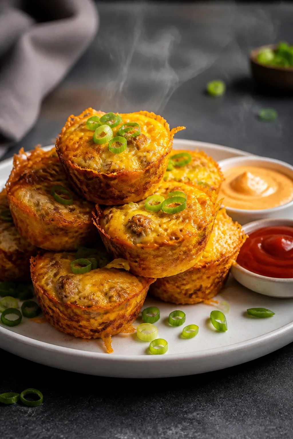 Final plated dish: Beautifully plated stack of Keto Sausage Egg and Cheese Bites on a matte white pl