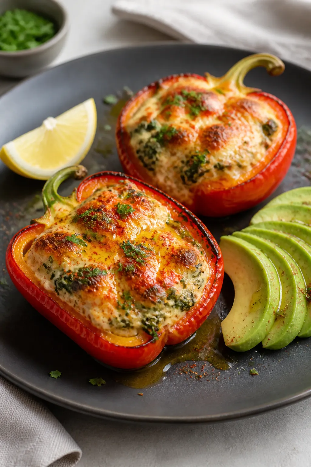 Final plated dish beauty: Restaurant-quality presentation of two stuffed pepper halves on a matte ch