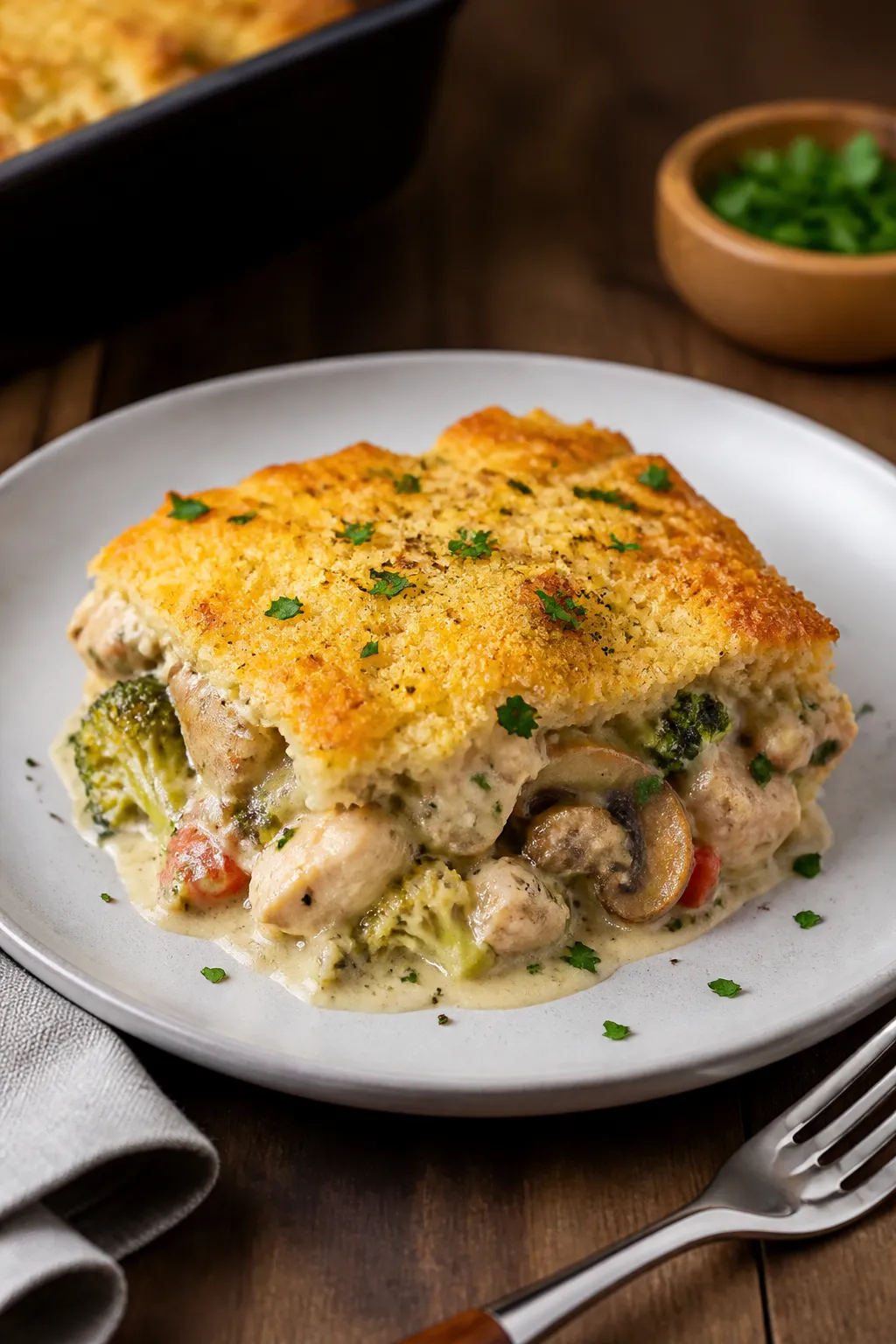 Final plated dish, cozy presentation: Restaurant-quality plate-up of a hearty square of Keto Chicken