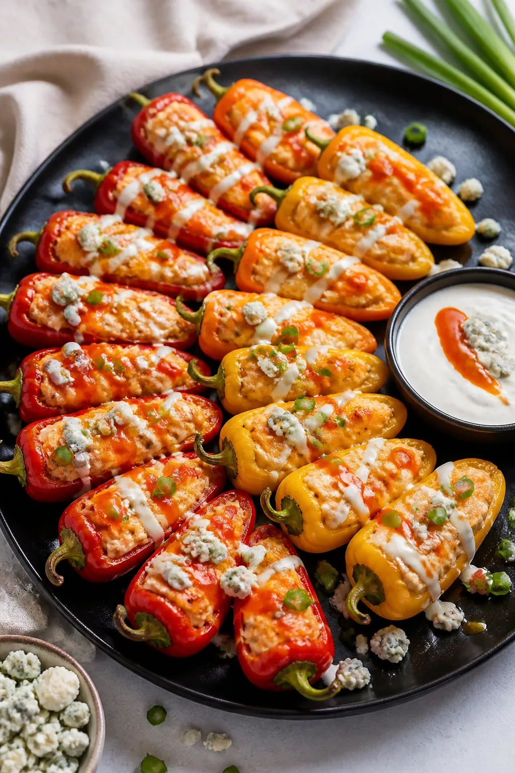 Final plated dish glamour shot: Keto Buffalo Chicken Stuffed Mini Peppers arranged on a matte black