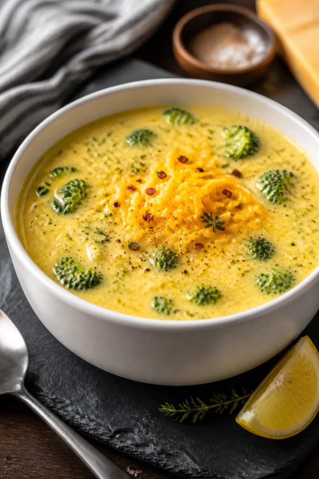 Final plated dish: Restaurant-quality bowl of Keto Broccoli Cheddar Soup, silky and rich, garnished 