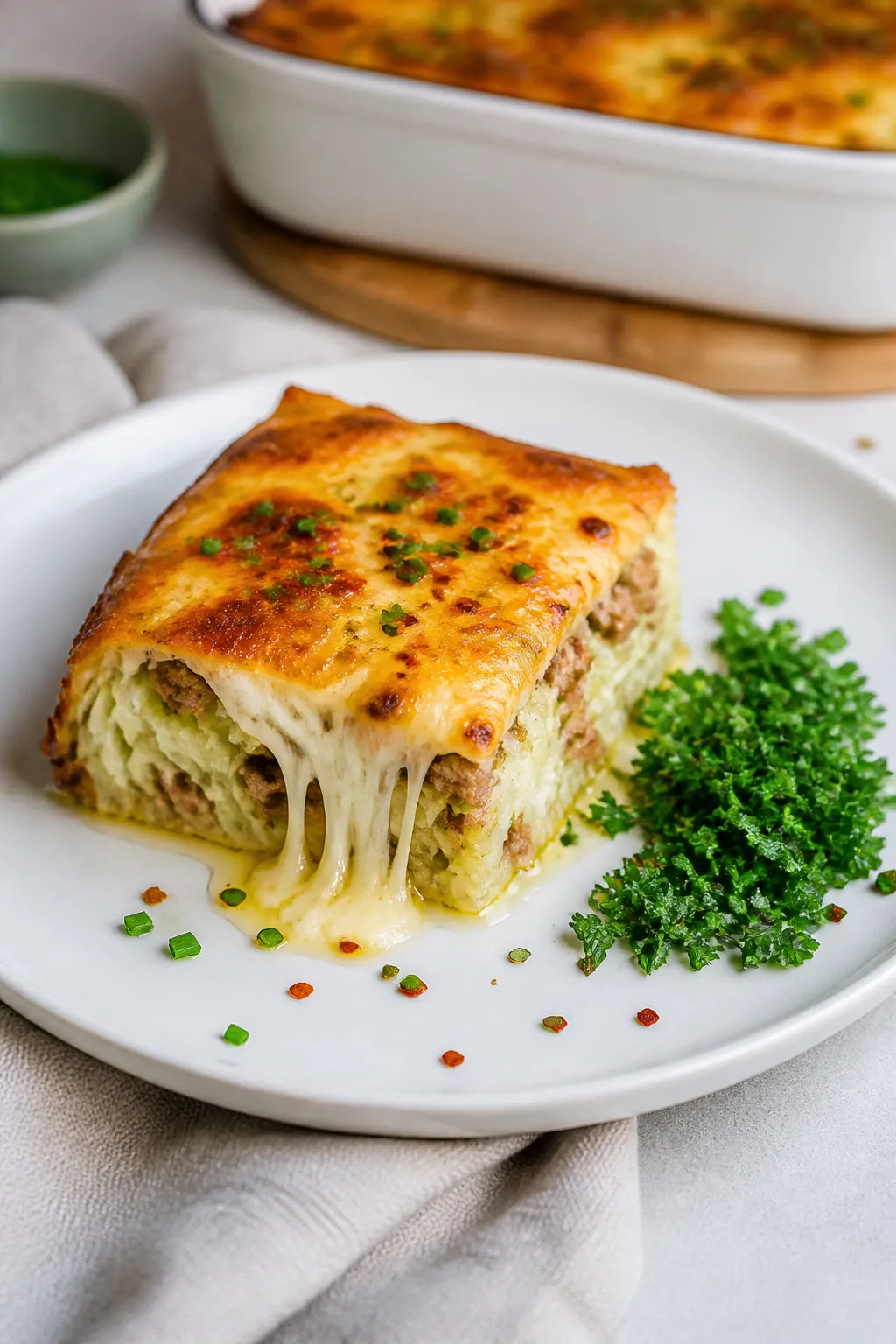 Final plated dish: Restaurant-quality presentation of a neat square of keto cabbage casserole on a m