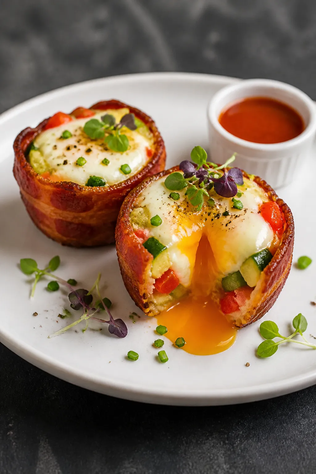 Final plated dish: Restaurant-quality presentation of two keto bacon and egg cups on a matte white p