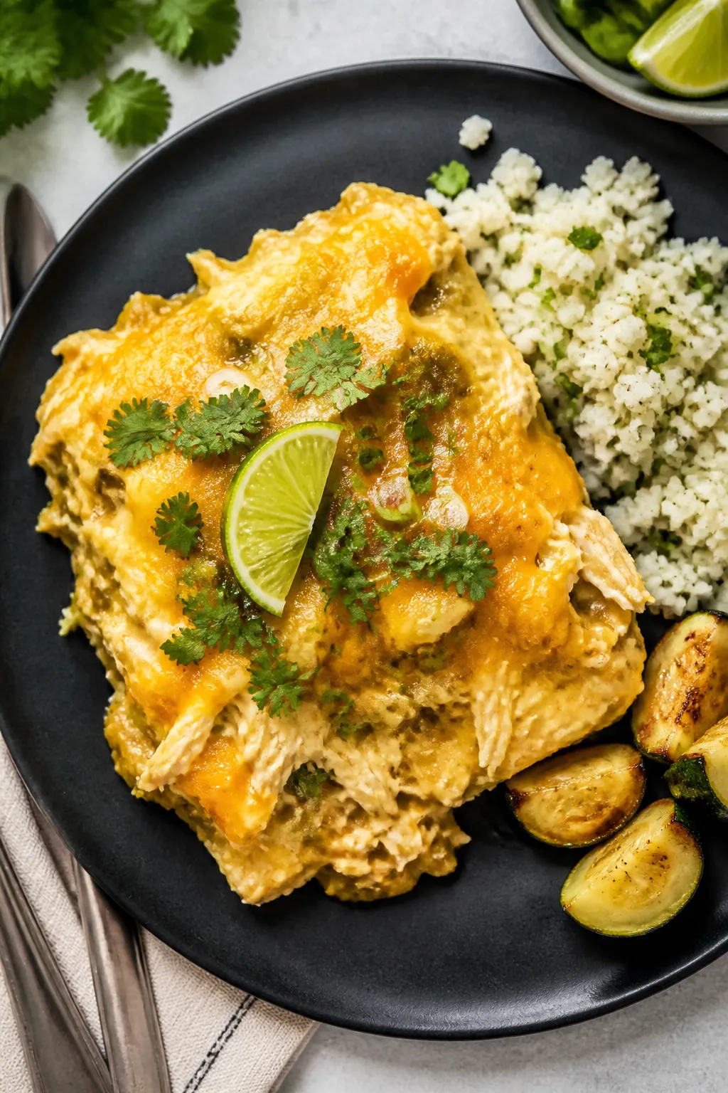 Final plated dish: Restaurant-quality presentation of a generous square of Keto Green Chile Chicken 