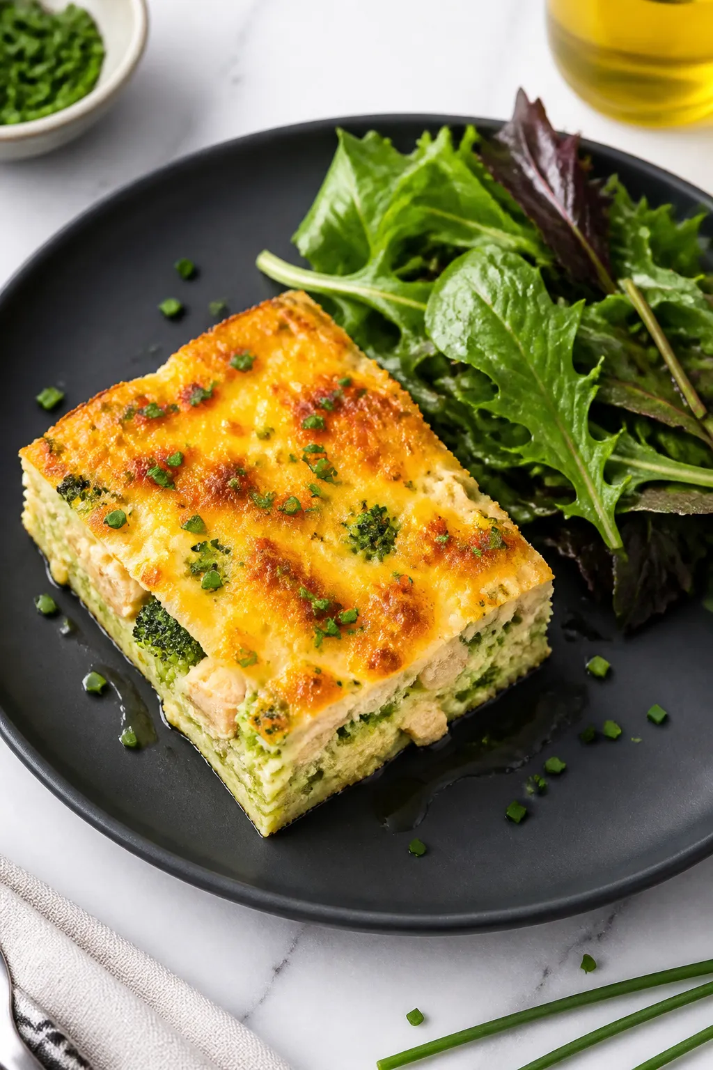 Final plated dish: Restaurant-quality presentation of a neatly cut square of keto chicken casserole 