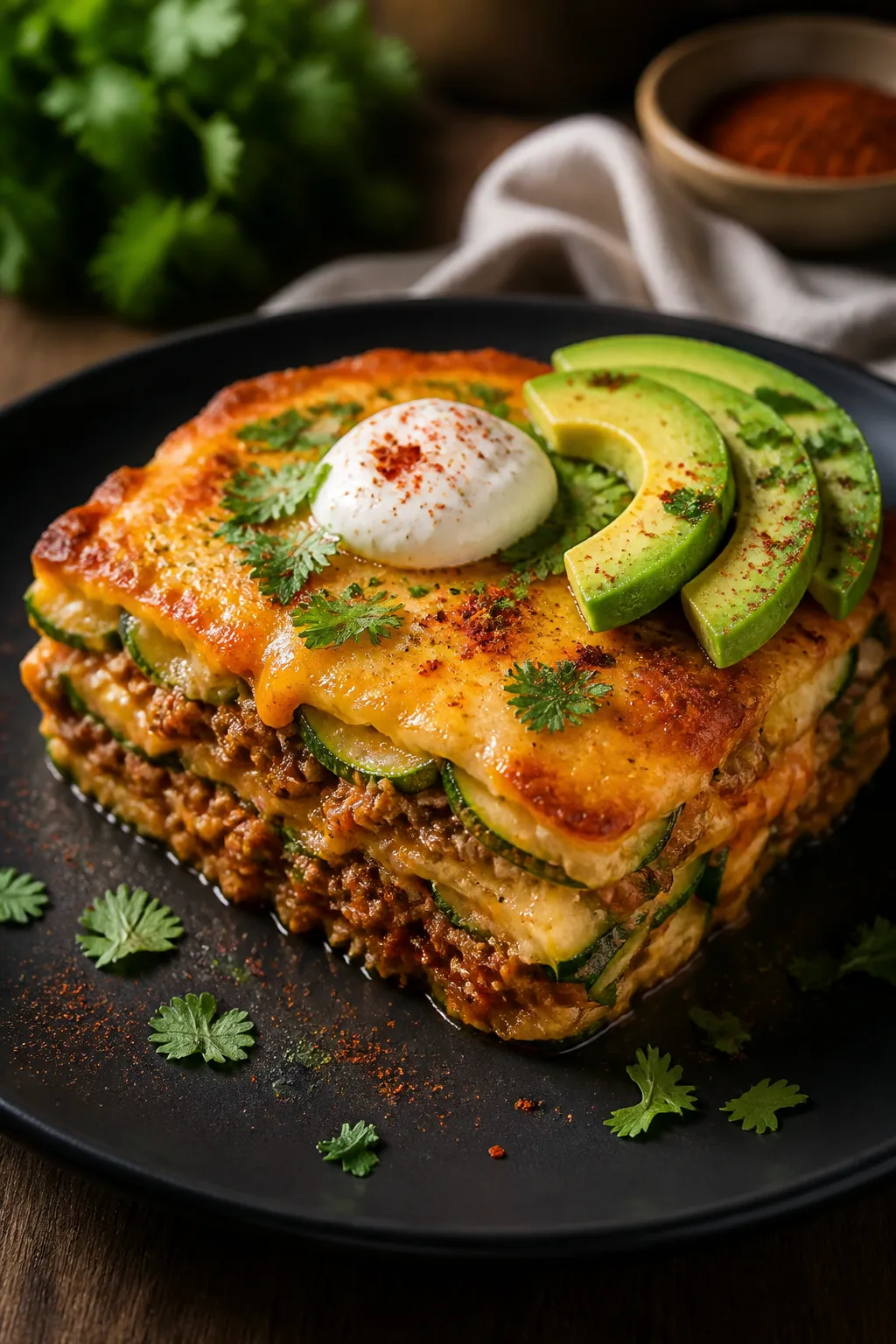 Final plated dish: Restaurant-quality presentation of a neatly sliced square of keto enchilada casse