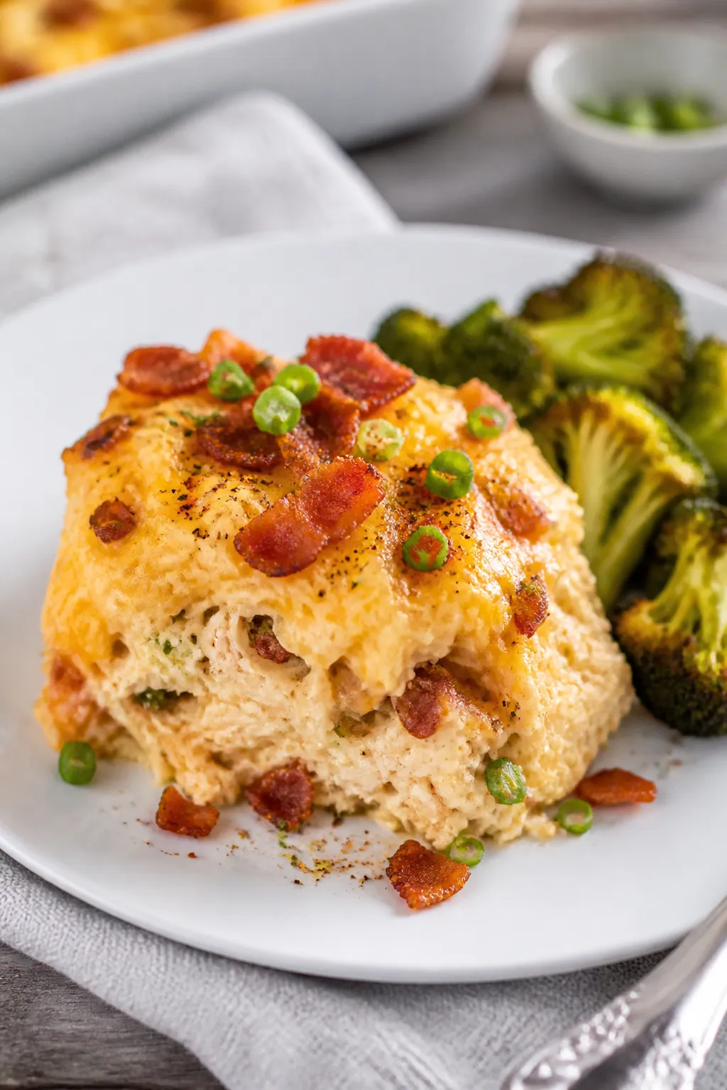 Final plated dish: Restaurant-quality presentation of a neatly scooped square of keto chicken bacon 