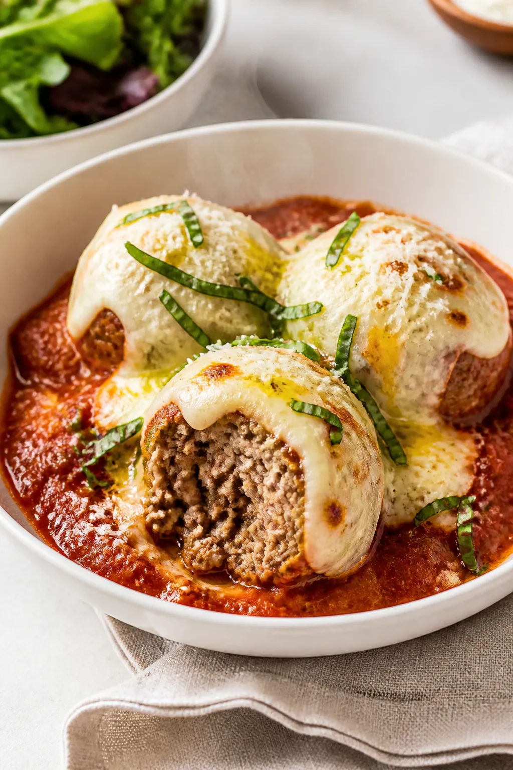 Final plated dish: Restaurant-quality presentation of a generous scoop of keto meatball casserole se