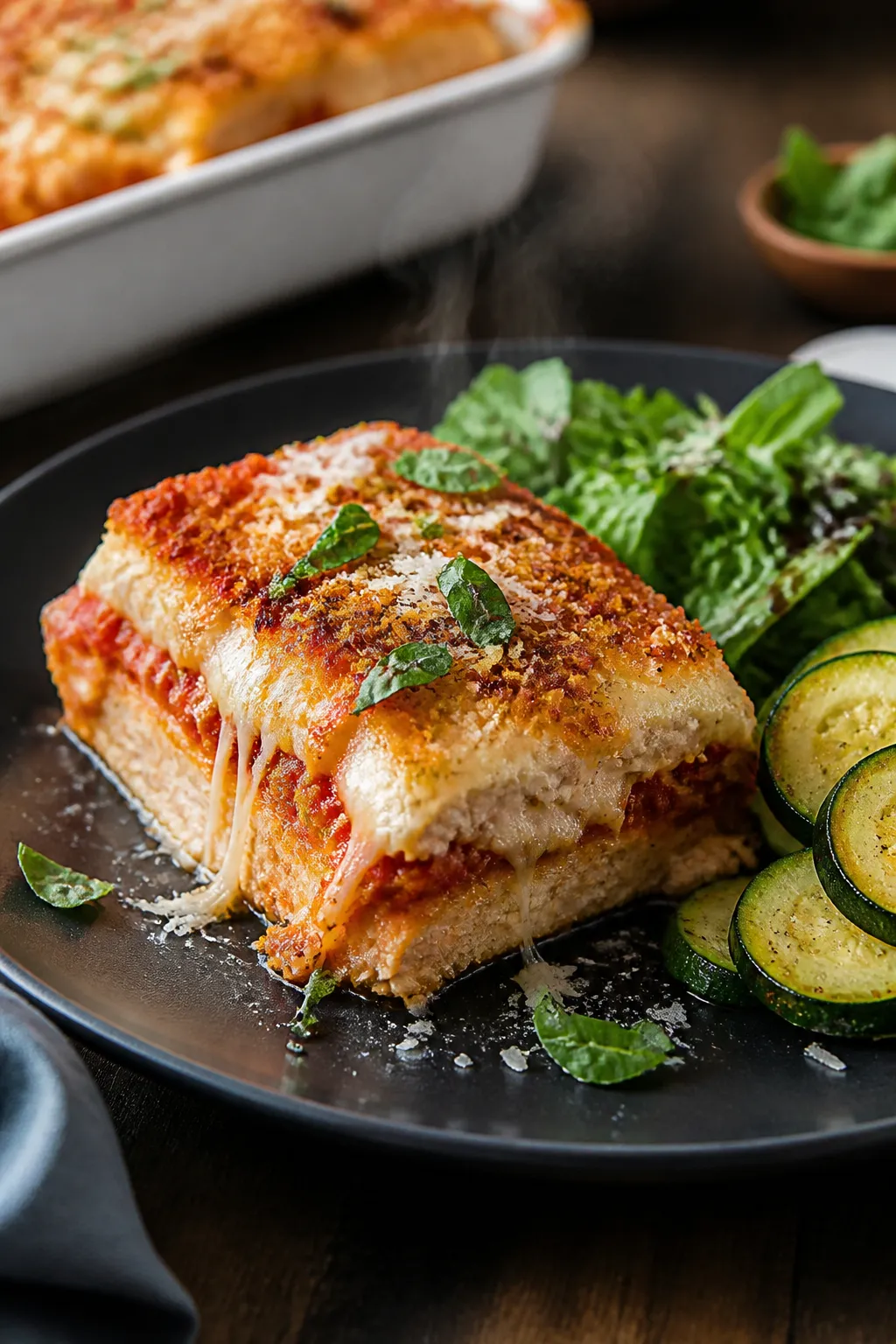 Final plated dish: Restaurant-quality presentation of a generous square of keto chicken parmesan cas