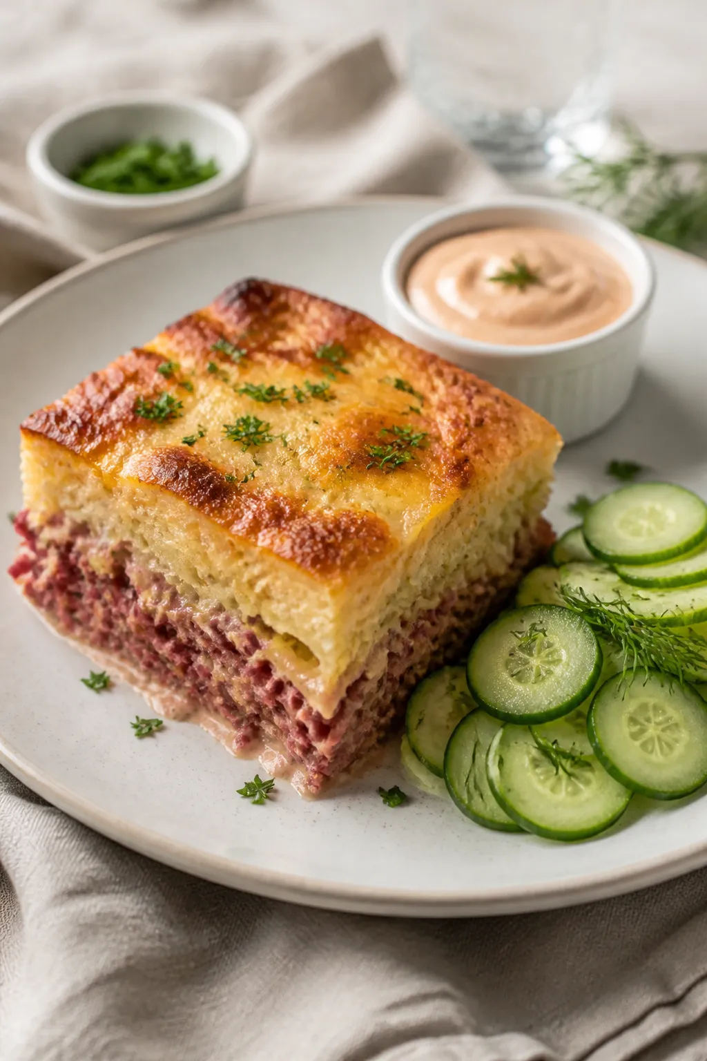 Final plated dish: Restaurant-quality presentation of a neatly sliced square of Keto Reuben Casserol