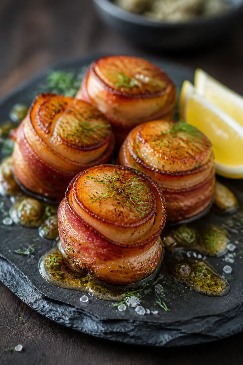 Final plated elegance: Restaurant-quality presentation of 4–6 bacon-wrapped scallops stacked in a 